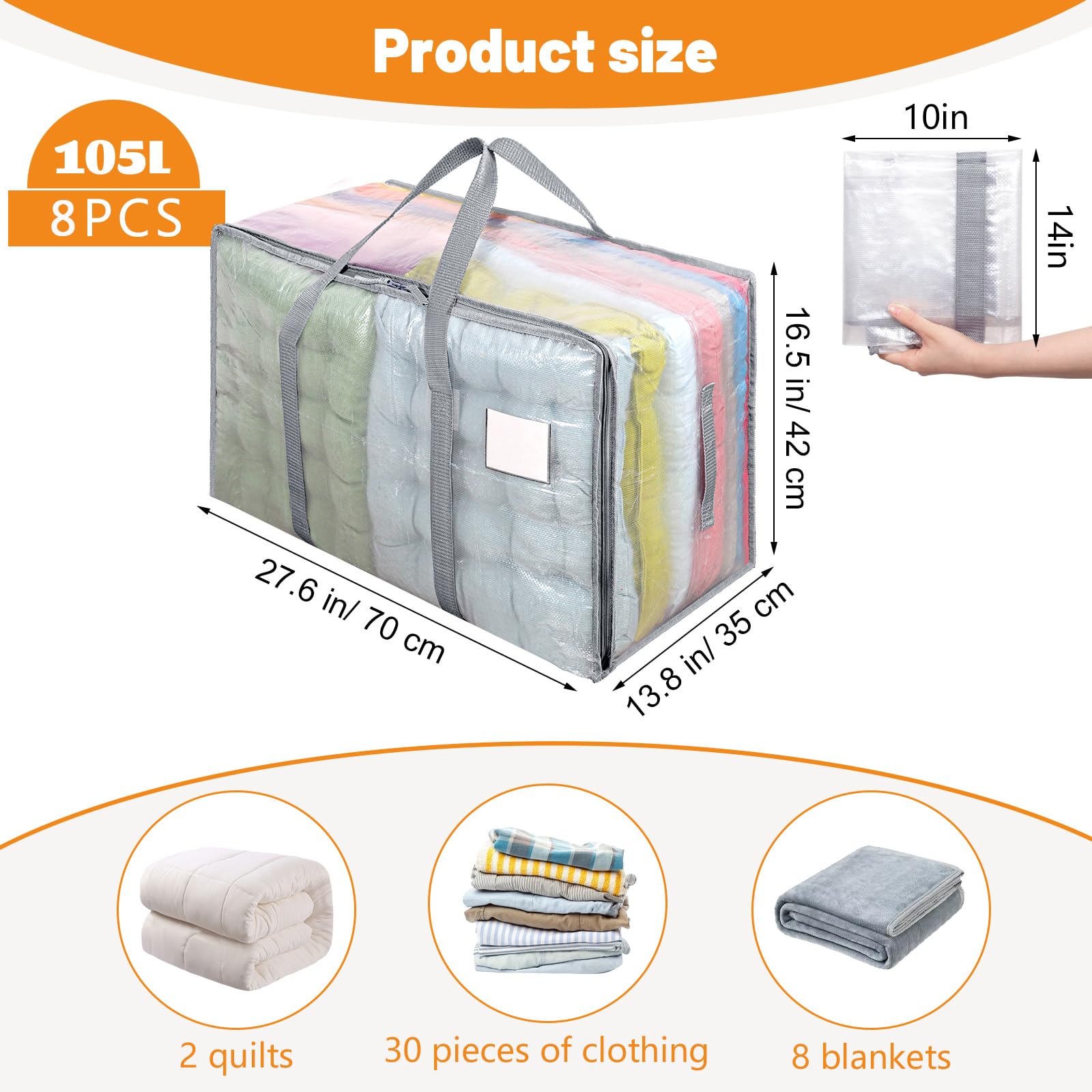 Dntorx 8er-Pack 105L Transparente Umzugstaschen Kleidungsaufbewahrungstaschen Strapazierfähige Umzugstaschen Packtaschen mit Reißverschlüssen für Umzug Kleidung Bettwäsche Daunendecke Spielzeug