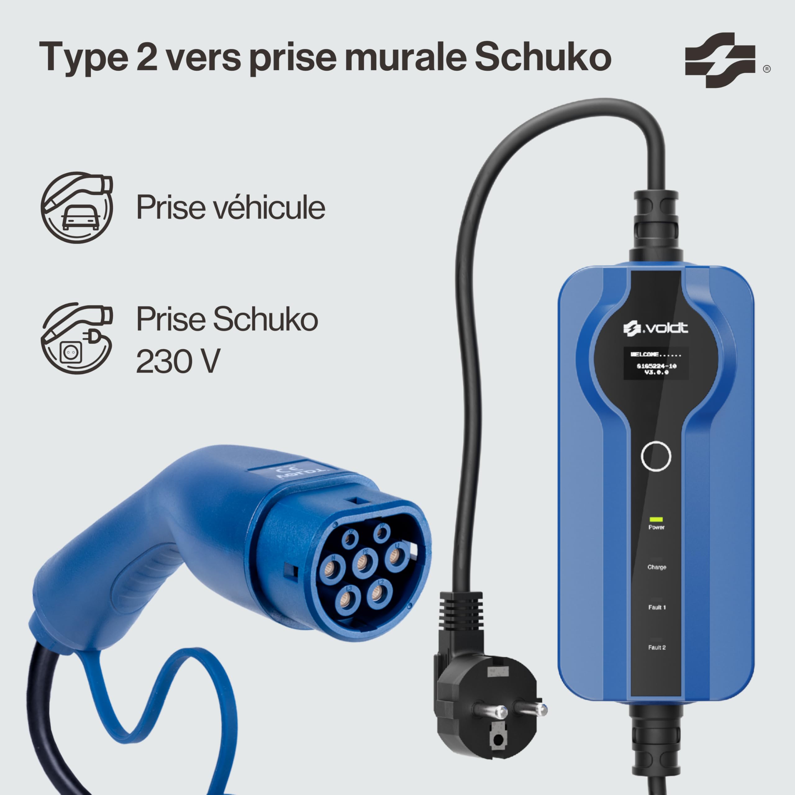Câble de Charge VOLDT Type 2 Schuko 3,7 KW, monophasé, 8A - 16A, Chargeur EV réglable avec Affichage numérique contrôlable pour Voiture électrique (Length 5)