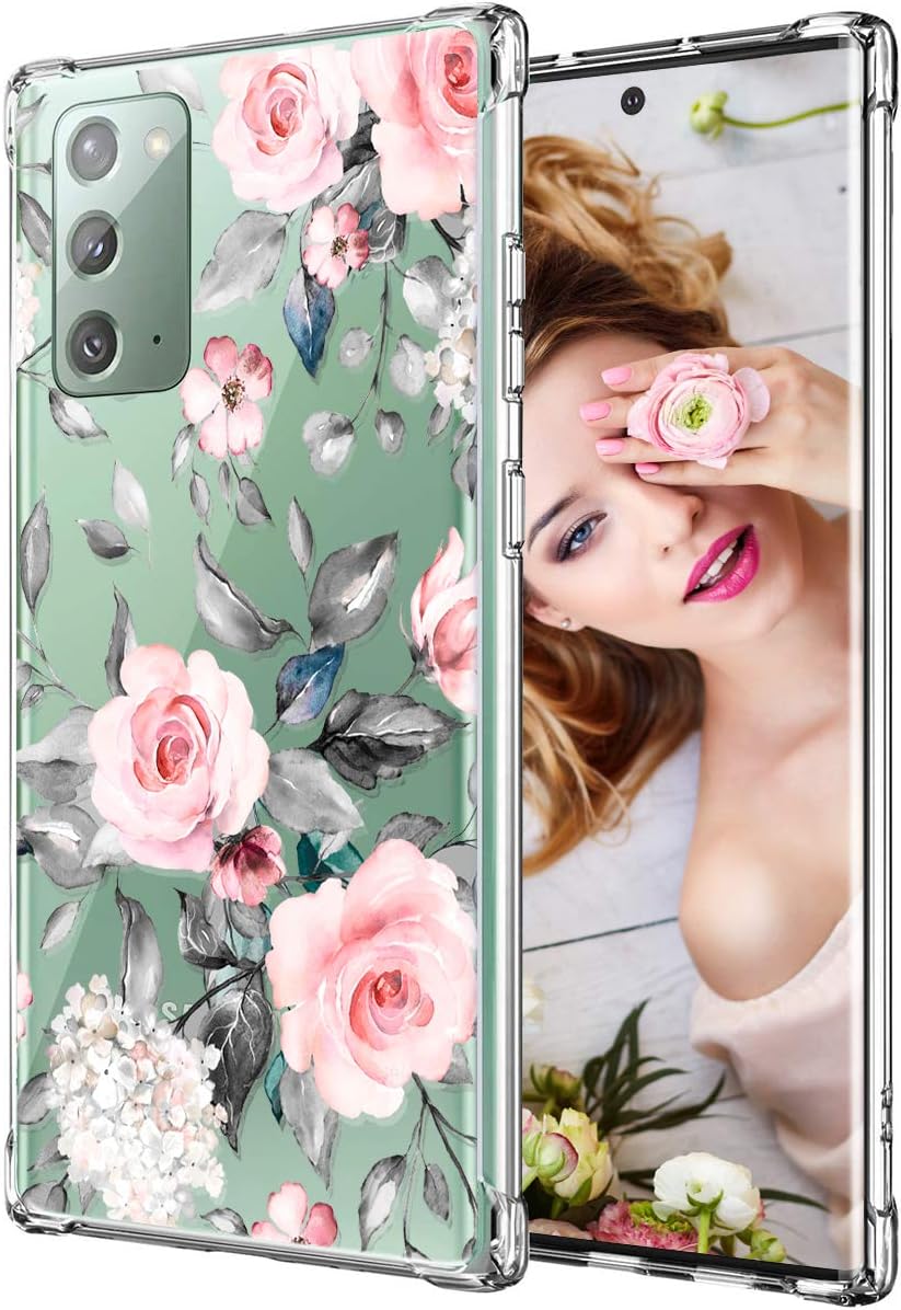 iDLike Galaxy Note 20 Case for Women Girls, Clear Floral Flower Cute Design Hard Plastic Back + Soft TPU Bumper Protective Shockproof Phone Case Cover for Samsung Galaxy Note 20 6.7" 2020,Pink-Rose