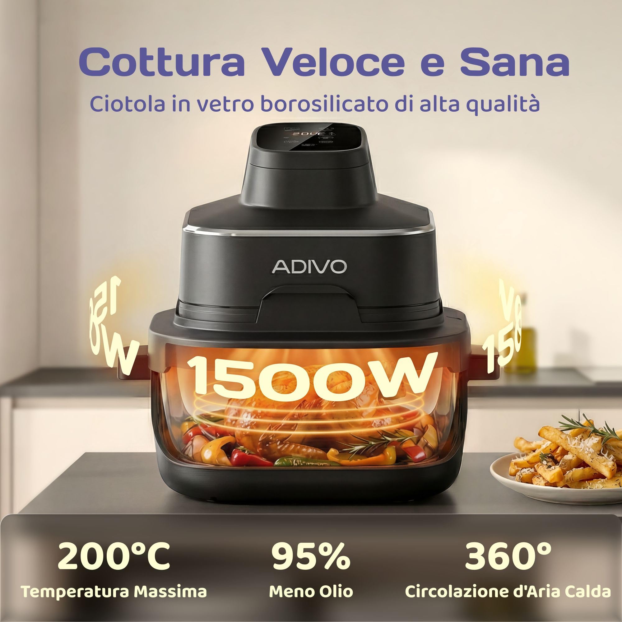 ADIVO Friggitrice ad Aria in Vetro 4L/1.5L,1500W Ciotola Visiva,Doppia Capacità,4 Modalità,Senza Olio & Nessun Rivestimento,Lavabile in Lavastoviglie,Portatile per Camping/Ufficio,Cucina Sana