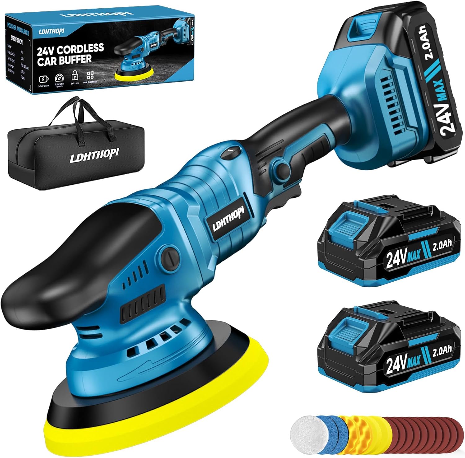 Cordless Buffer Polisher with 2×2000mAh Battery, 10000RPM 1600W High Power Car Polishing Kit with 6 Variable Speed, 23PCS Polishing Accessories for Car Polishing Waxing Detailing