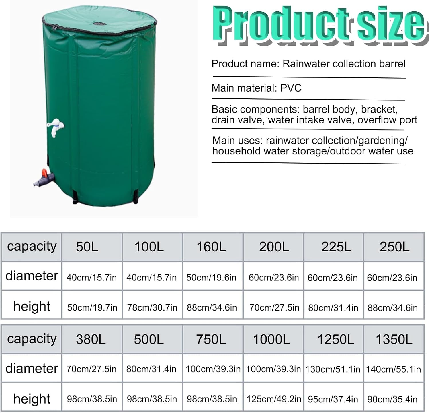 Portable Garden Rainwater Harvesting SystemWater Storage Tank Outdoor Rain Barrel for Lawn and Garden Rainwater Collector(Noir,50L)