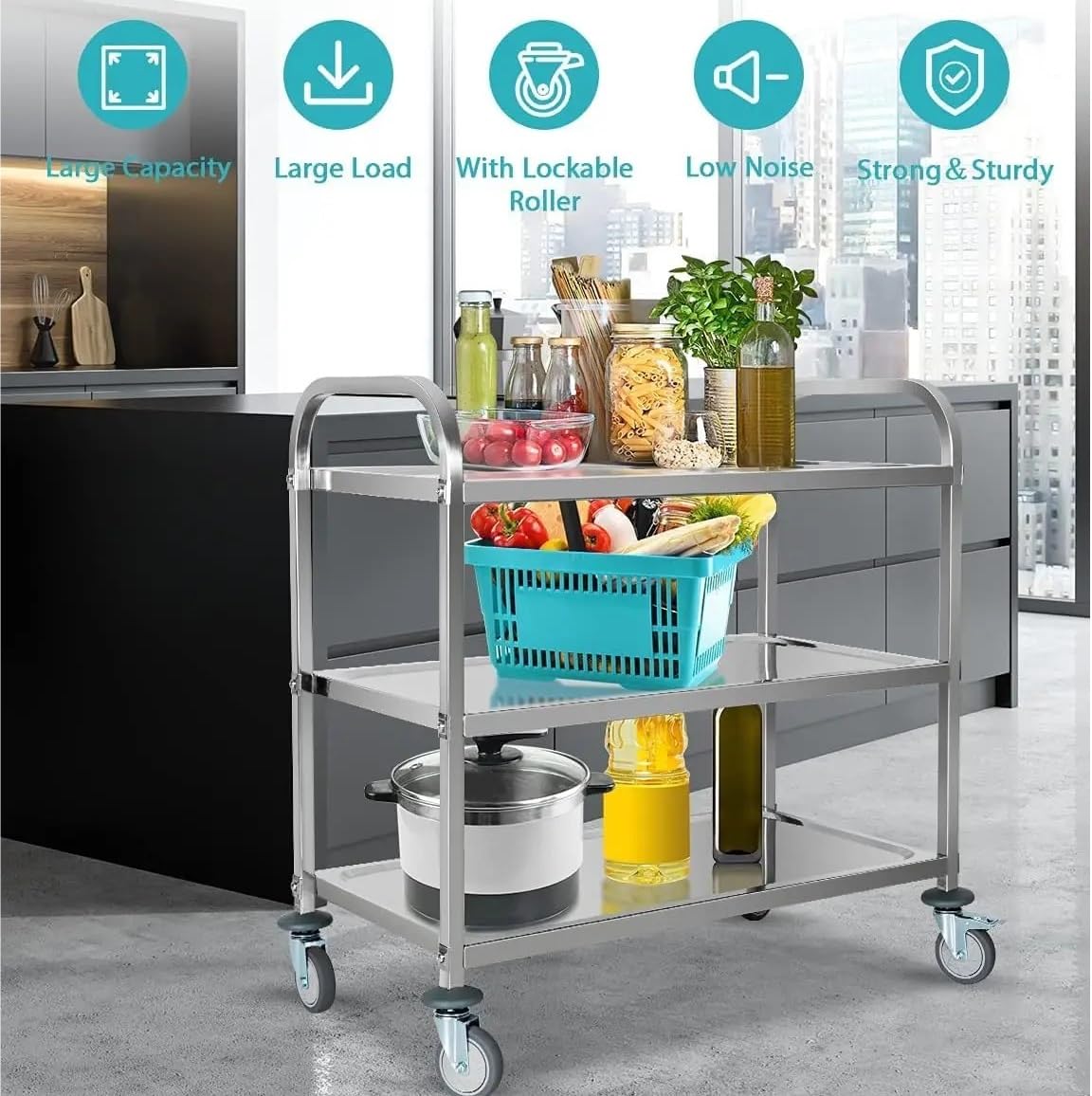 Carrello da cucina a 3 livelli in acciaio inox – le Rolling Serving Island con ruote bloccabili e ripiani Sto per catering, cucina nizat e preparazione del cibo