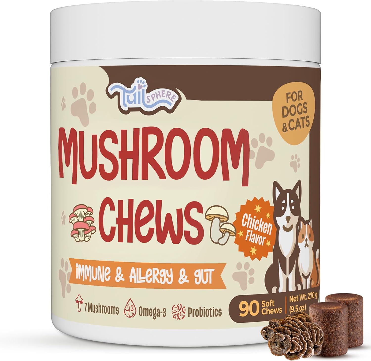 Mushroom Chews for Dogs and Cats, 12-in-1 Advanced Immune, Gut & Skin Support, Turkey Tail, Reishi & Lion’s Mane, Probiotics & Omega-3, Soft Chews Chicken Flavor, 90 Count