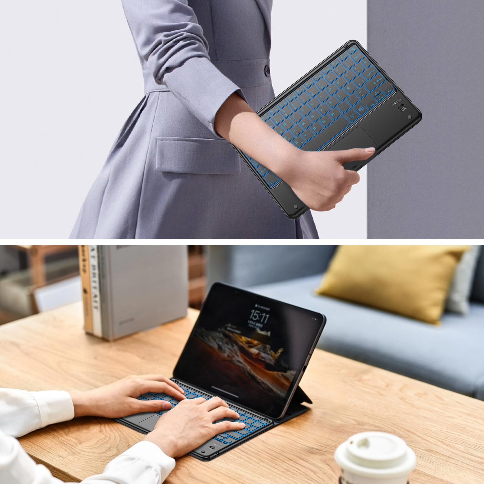 KBCASE Teclado con TouchPad, Teclado Bluetooth Inalámbrico Español para Tablet iPad/iOS/Android/Windows/iPad Pro/iPad Air/iPad Mini, Samsung, Lenovo, Huawei, iPhone y Retroiluminación de 7 Colores