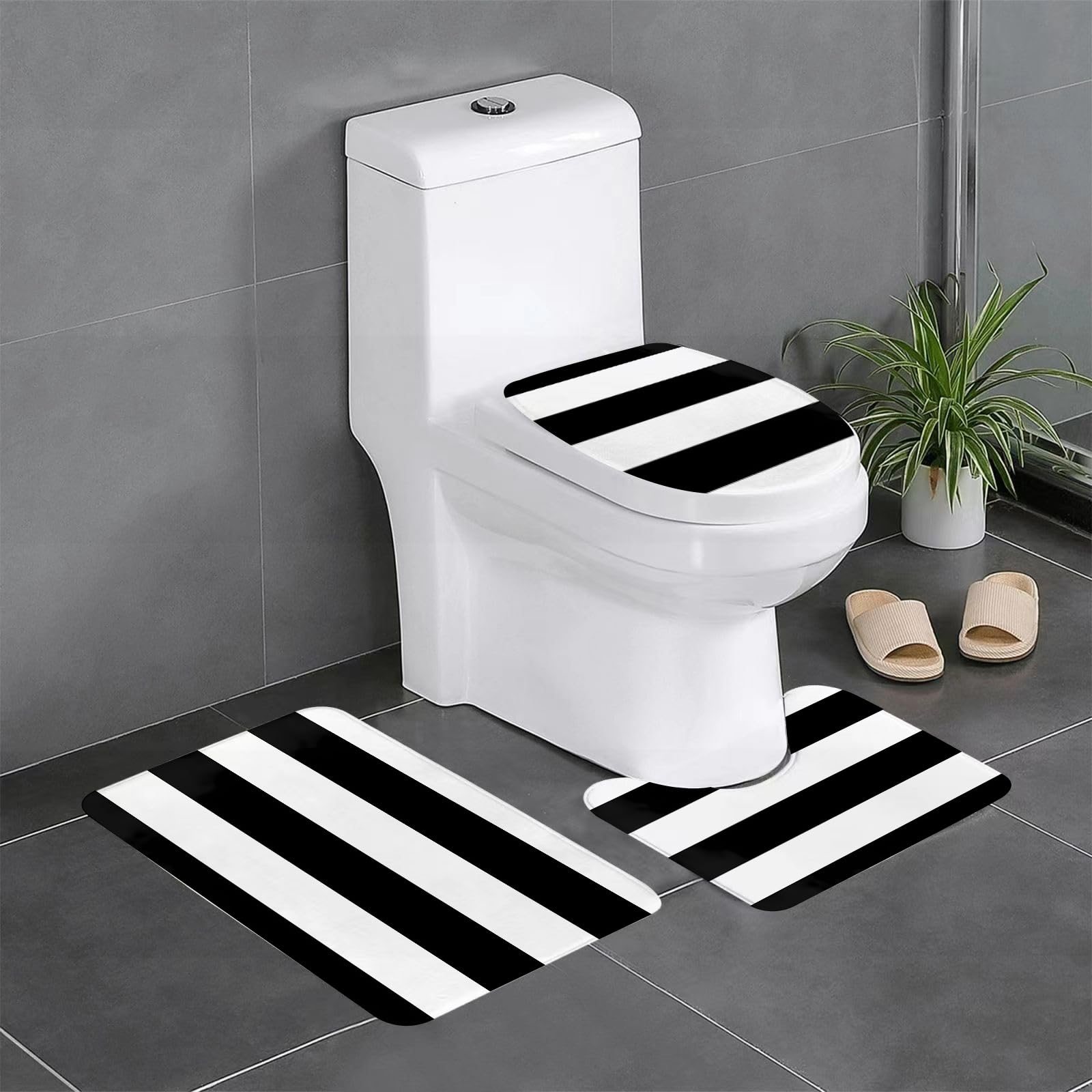 Set di 3 tappetini da Bagno, Lavabili in Lavatrice e Antiscivolo, in Morbida Fibra Superfine, con Righe Bianche e Nere.