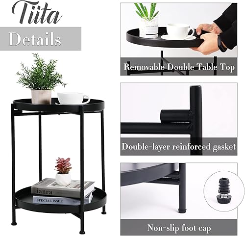 Miniatura 3 de Tiita Mesa auxiliar redonda mesa auxiliar mental mesita de noche mesas de madera pequeñas mesa de centro con bandeja de madera para sala de estar