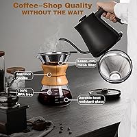 Vista 6 de cafetera con pico vertedor con filtro de goteo reutilizable de acero inoxidable, jarra de vidrio de borosilicato sin plomo con cuello de madera