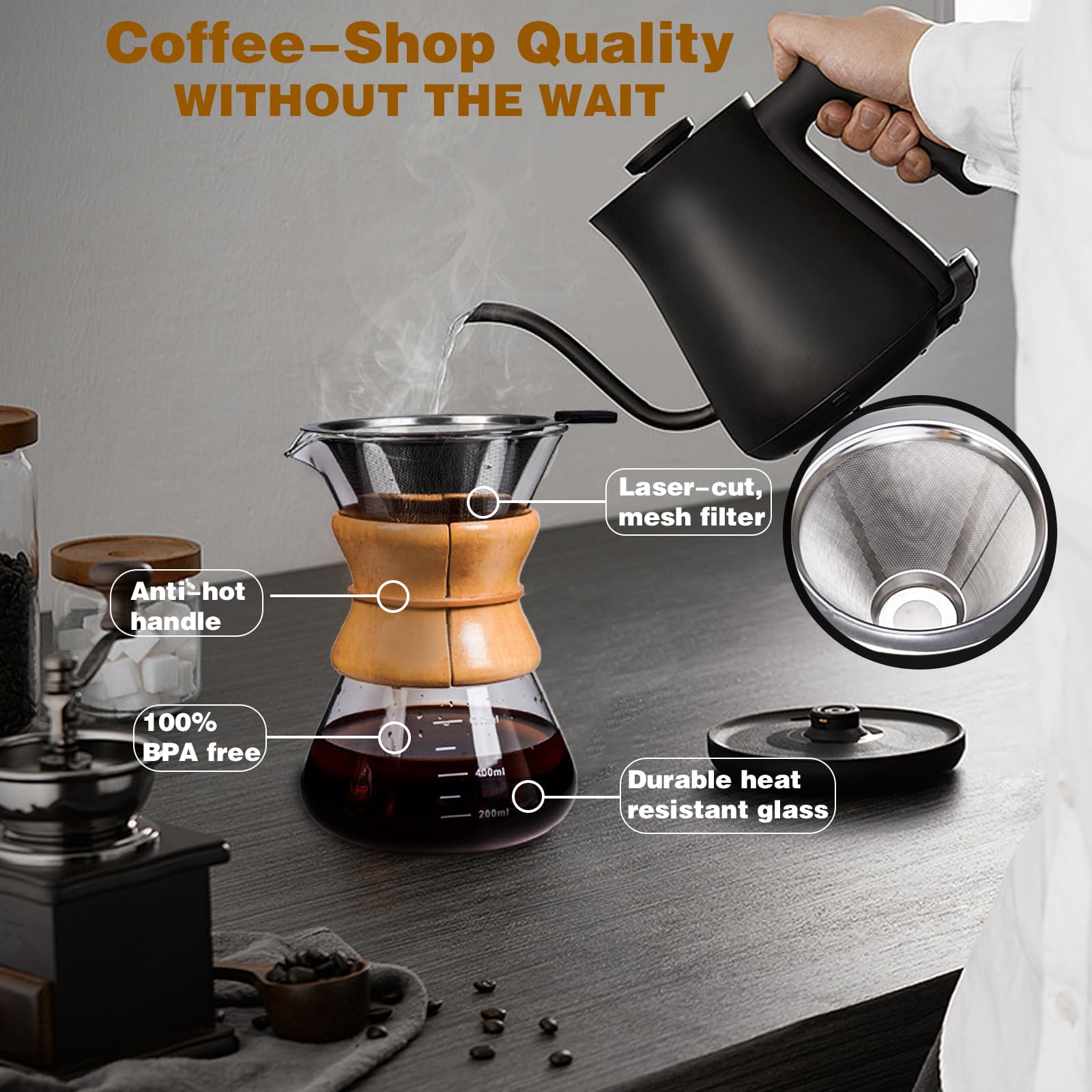 Cafetera vertida con filtro de goteo de acero inoxidable reutilizable, jarra de café de vidrio de borosilicato sin plomo con collar de madera moderno para 1-6 tazas, transparente circular 6