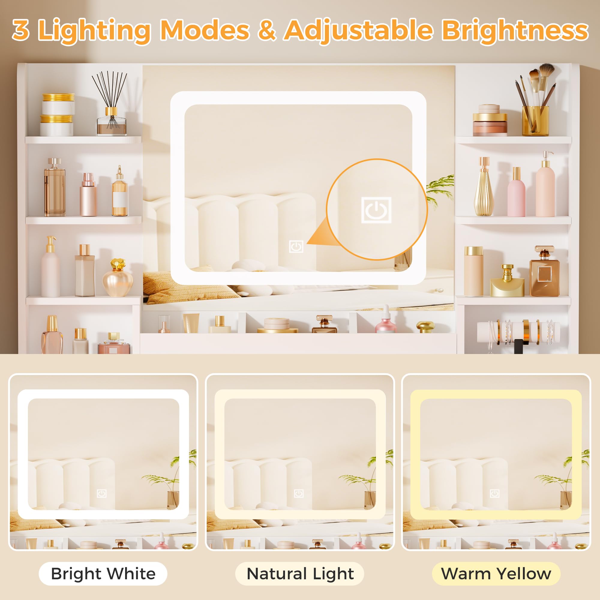 BEWISHOME Coiffeuse avec Miroir LED et Éclairage RGB, Coiffeuse avec Plateau en Verre, 11 tiroirs RGB, 6 Étagères, Table de Maquillage avec Pris, Grande Coiffeuse Moderne pour Chambre, Blanc EFST57W