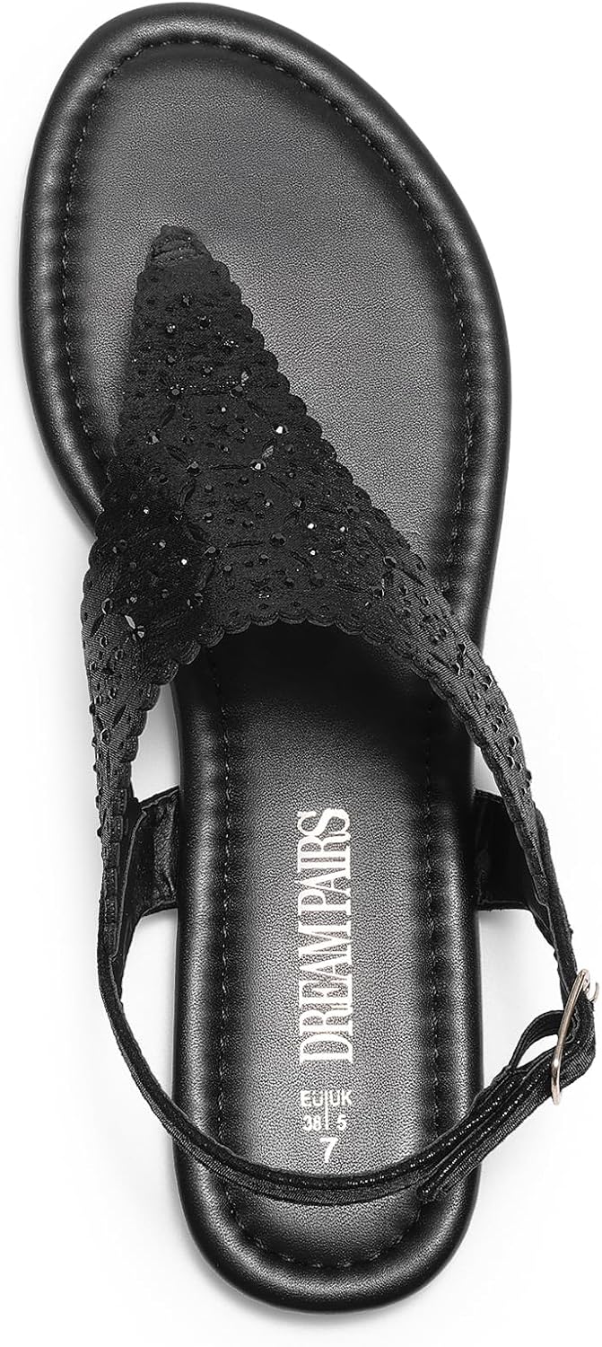 DREAM PAIRS Women's Rhinestone Casual Wear Cute Gladiator Flat Sandals Beach Dressy T-Strap Thong Sandals - Image 4