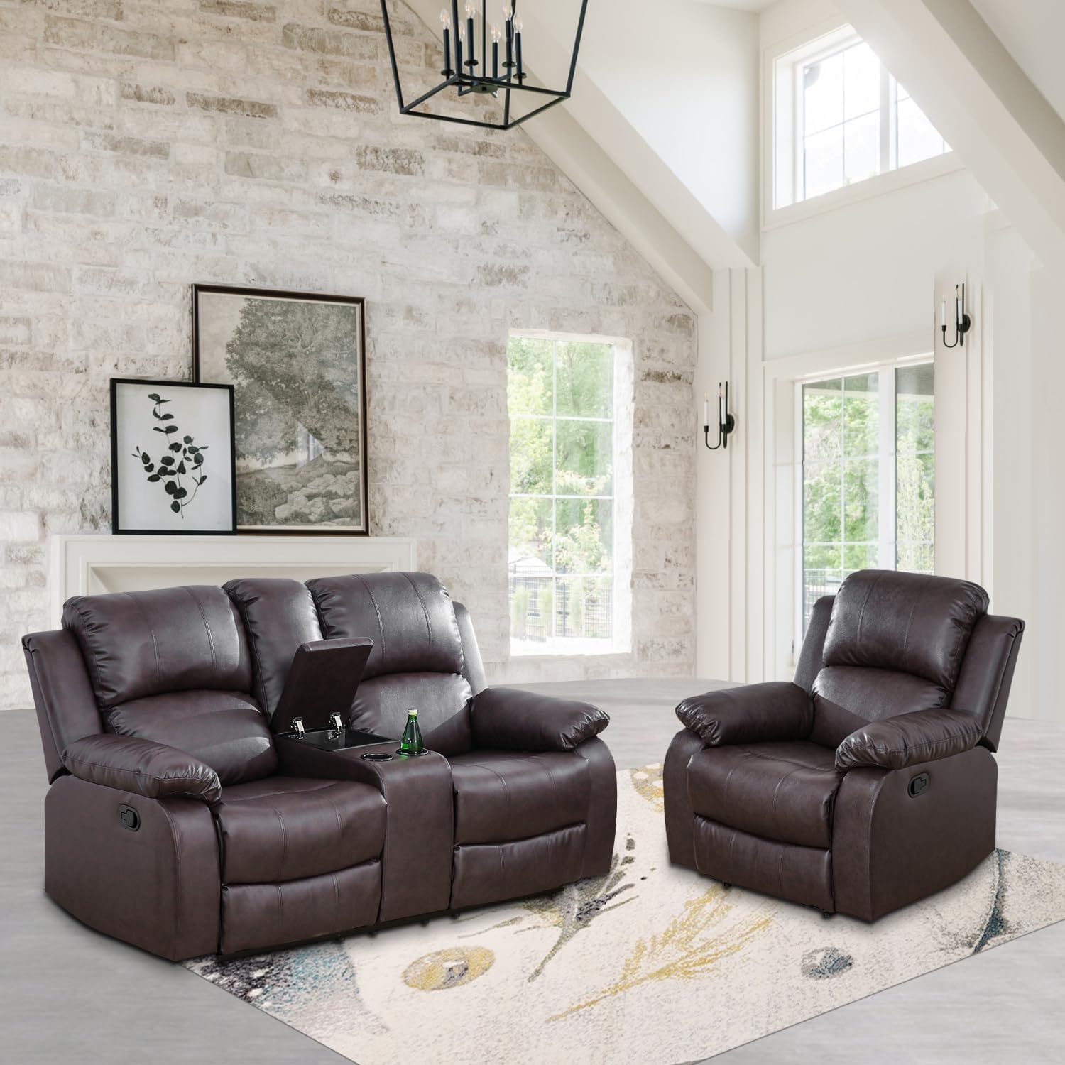 Ocstta Manual Leather Recliner Sofa Set for Living Room