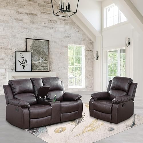 Bonded Leather Recliner Sofa Set, Manual Reclining Couch and Loveset Set, Leather Loveseat and Chair with Storage Console&Cup Holders for Living Room (Loveseat+Chair, Brown)