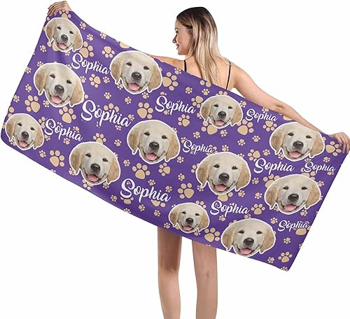 MyPupSocks Toalla de playa personalizada, cara de perro y nombre, toalla de playa personalizada con nombres, huesos y patas, personalizable con tu