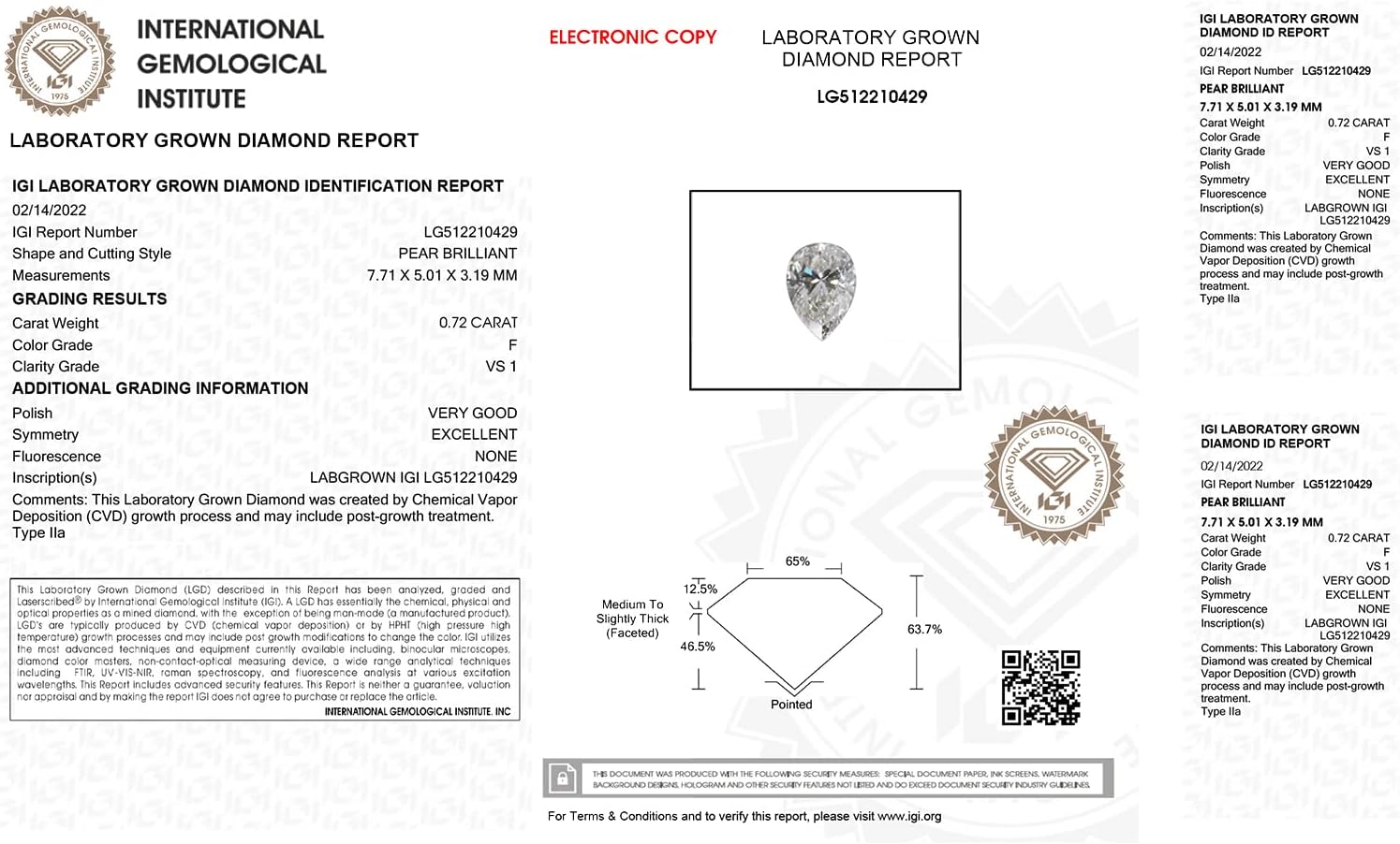 IGI Certified Laser Inscribed Loose Pear Brillant Cut Lab Grown Diamond (0.72ct, VS-SI G-H) For Engagement Ring, Pendant, Necklace, Earring