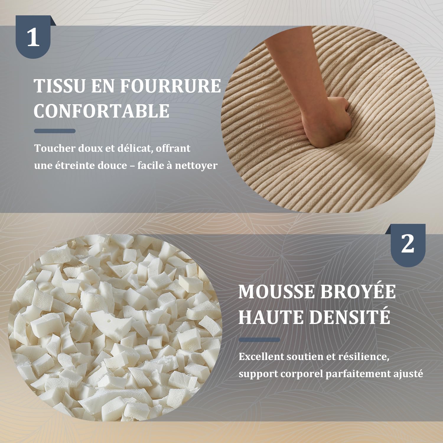 Pouf en Velours côtelé avec Dossier, Pouf pour Adulte avec Rembourrage, Grand Pouf en Fourrure synthétique, Fauteuil Confortable avec Mousse Haute densité, Chambre, Salon, Beige
