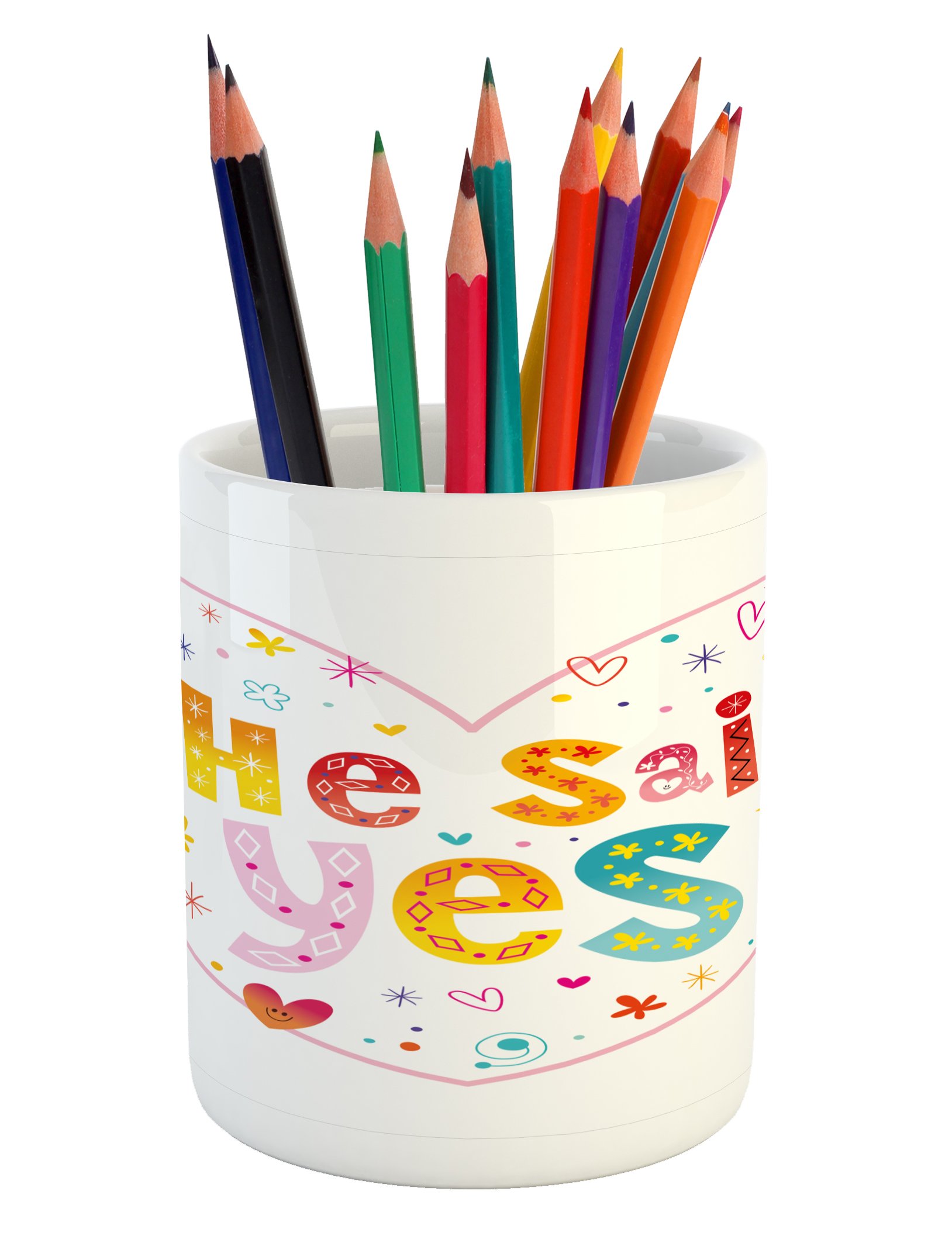 Ambesonne Engagement Party Pencil Pen Holder, Hippie Celebration Hearts Flowers Dots Rainbow Colored She Said Yes Words, Printed Ceramic Pencil Pen Holder for Desk Office Accessory, Multicolor