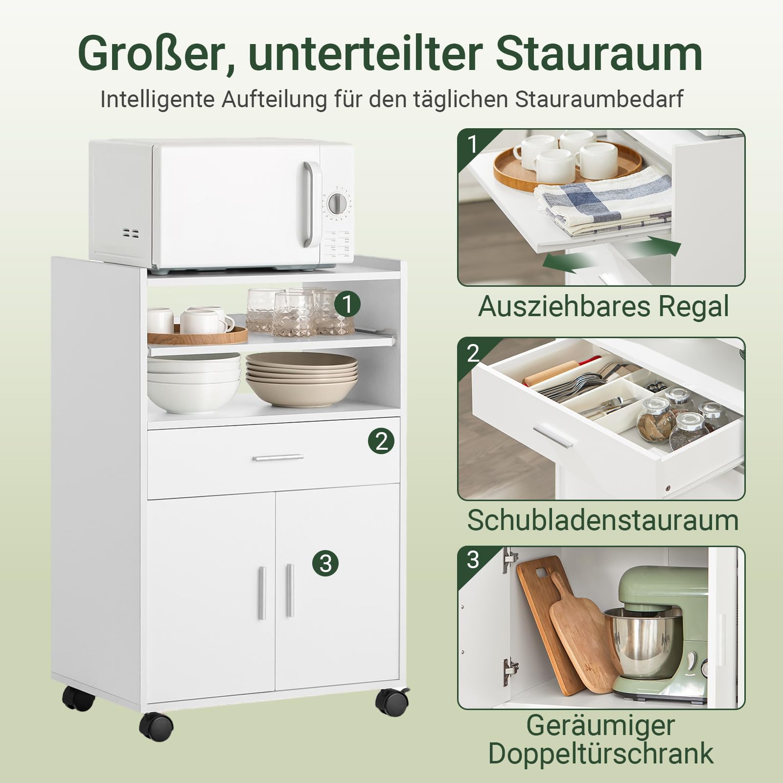 SoBuy Küchenwagen mit Rollen, multifunktionaler Mikrowellenschrank mit ausziehbarer Ablage, Kücheninsel mit Arbeitsplatte, für kleine Küchen, Esszimmer & Büro, Weiß ca. B59xH92xT40 cm FSB09-W