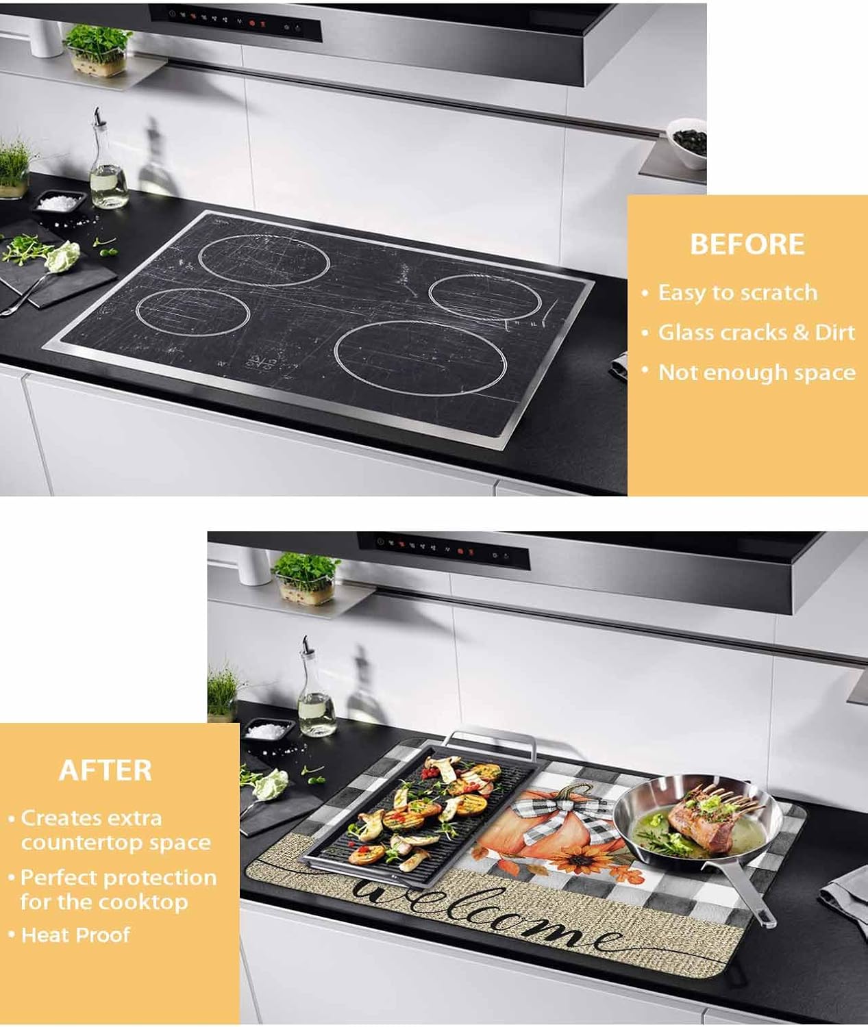 Stove Cover for Electric Stove, Fall Thanksgiving Watercolor Pumpkin Black White Plaid Stove Top Cover for Glass Top, Heat Resistant Rubber Mat Foldable Cooktop Cover Top Protector, 36"x21"