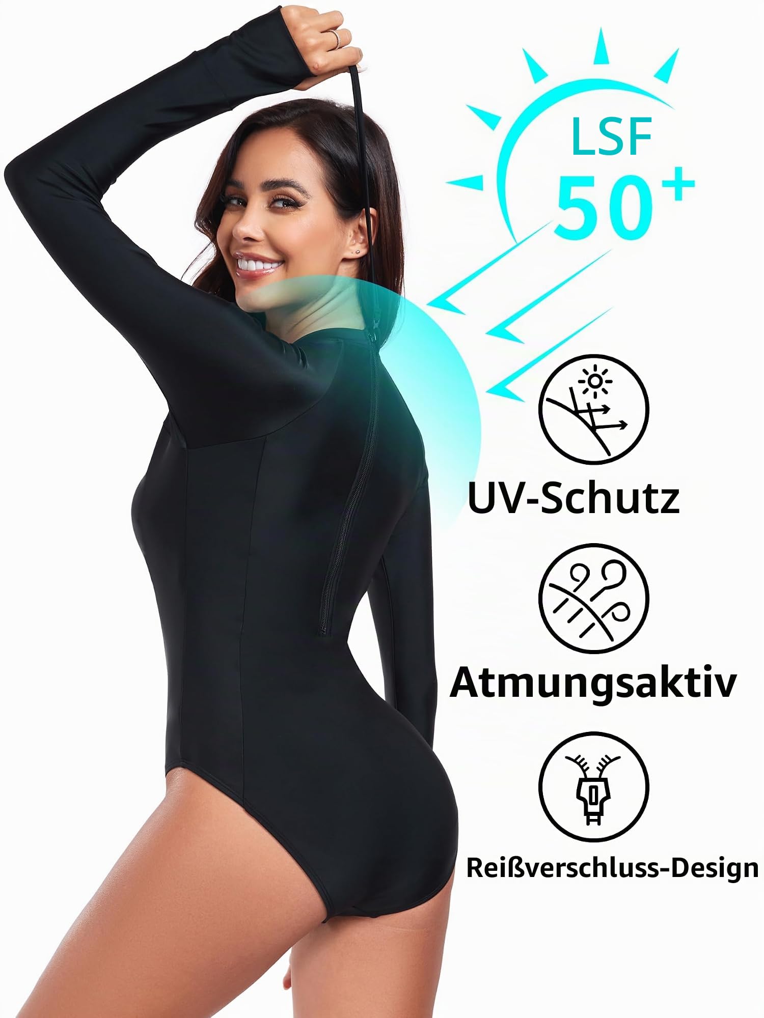 Ocean Blues Damen Langarm Badeanzug mit Hinten Reißverschluss Einteiliger Schwimmanzug mit Rundhalsausschnitt UV 50+ Schutz für Schwimmen & Wassersport