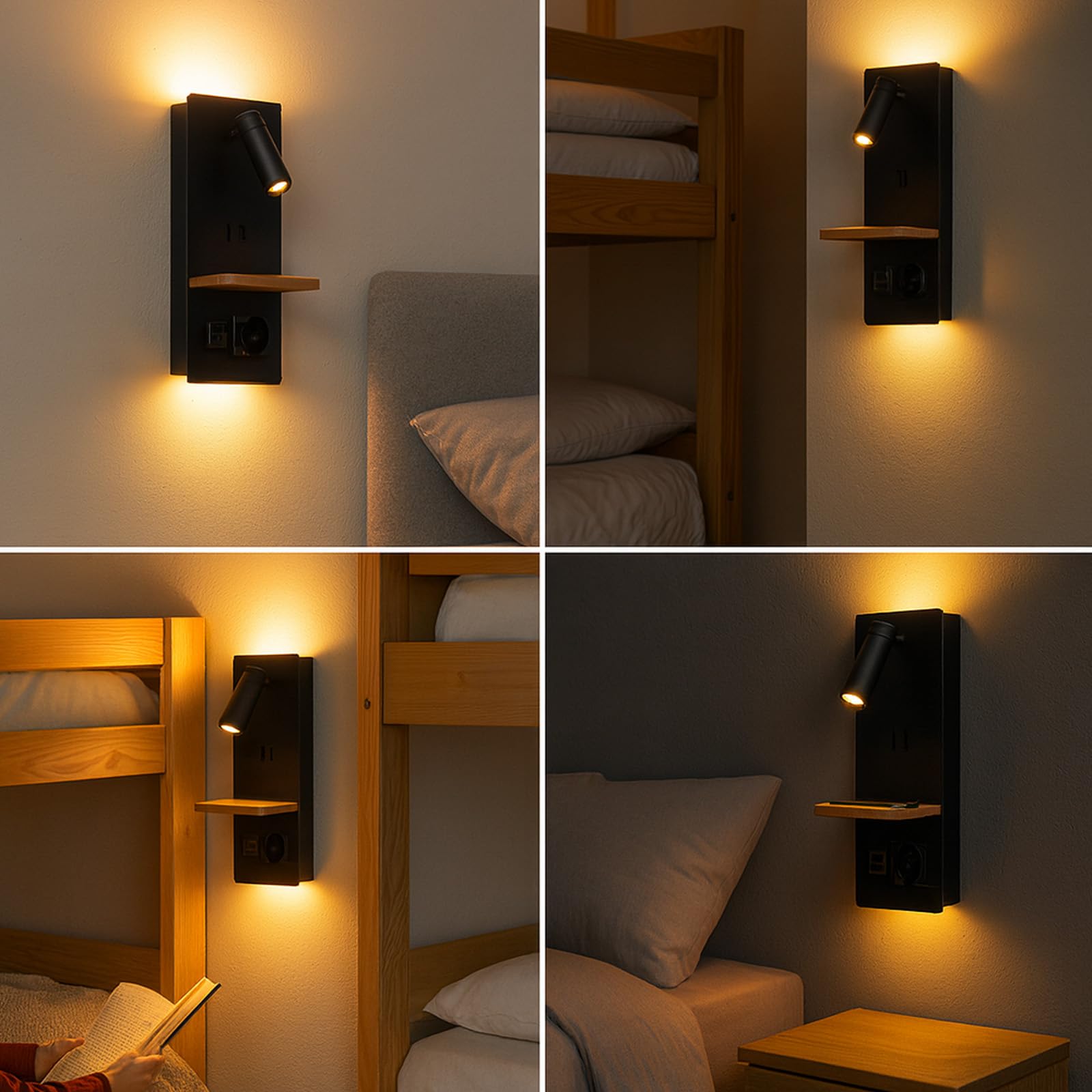 Alpinaluz Schwarze Wandleuchte mit schwenkbarem Leselicht, 3 W und Umgebungslicht, 6 W, 2800 K, USB-Ladeanschluss A+C, Schuko-Stecker und Holzregal für Schlafzimmer und Kopfteil