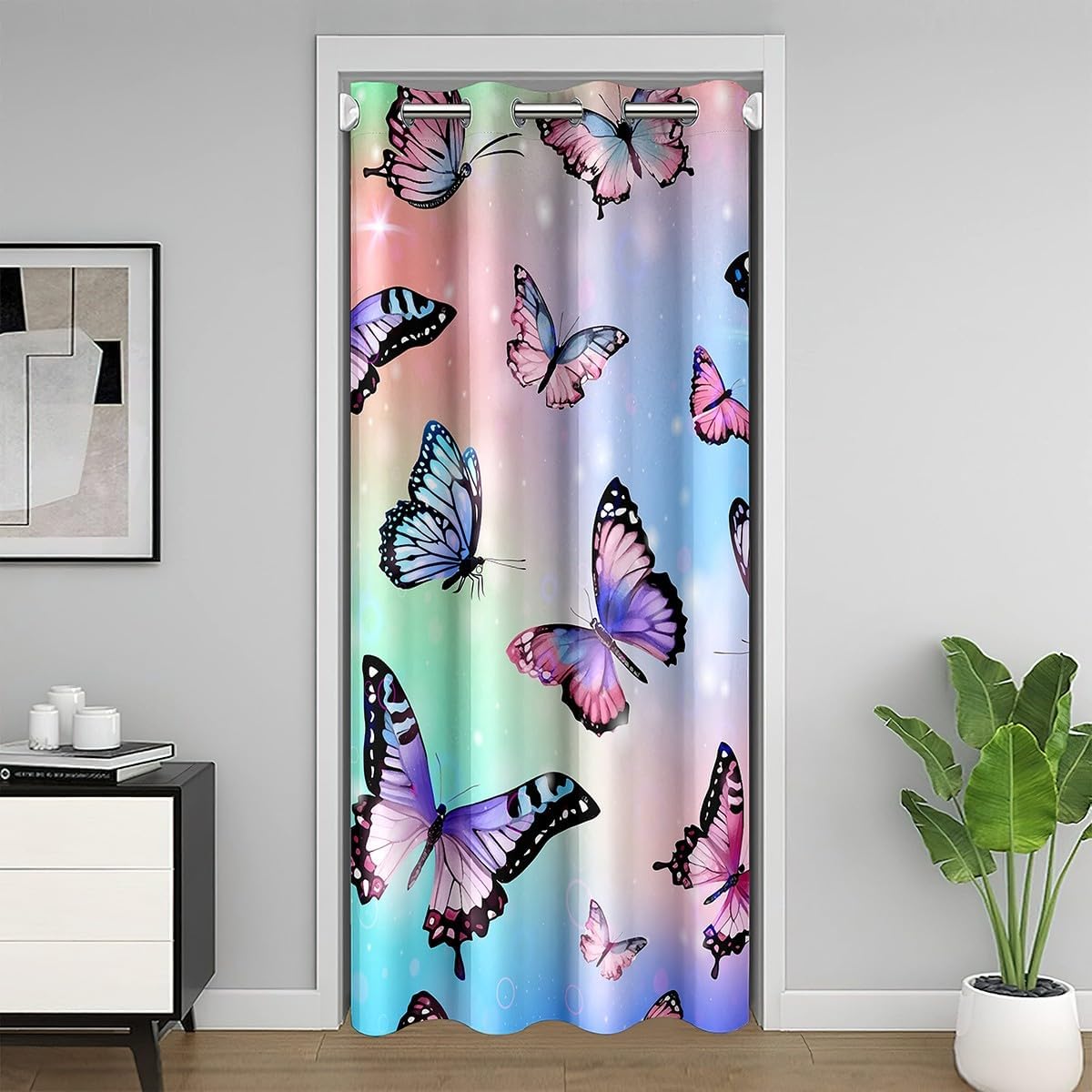 jejeloiu Butterfly Door Curtain for Doorway Privacy 34"x80" - Girly Butterflies Print Room Divider, Girls Colorful Rainbow Window Treatment, Glitter Closet Door Cover (No Glitter)