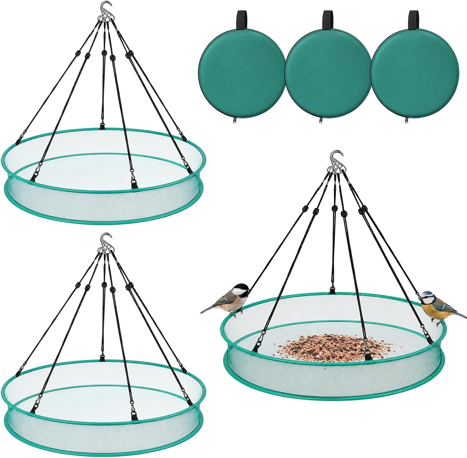 3Pcs Bird Seed Catcher Tray 24 Inch Under Bird Feeder Seed Catcher Tray, S-Hooks, Adjustable Ropes & Portable Storage Pouch, 4" Deep Hanging Platform Birdseed Hoop for Bee Feeder Outdoor Garden