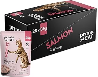 PrimaCat - Classic Complete Wet Cat Food, Salmon in Gravy Flavoured Cat Food, Sterilized, 28 pack of 85g