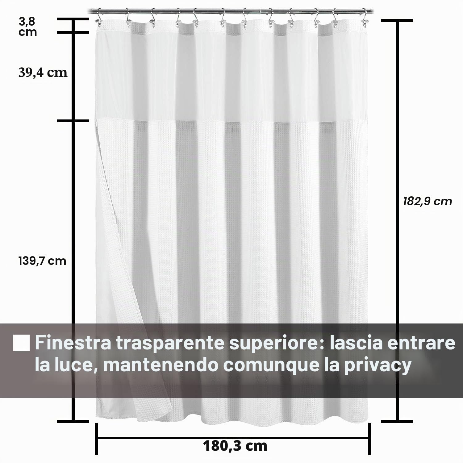 Tenda da doccia in cotone in stile hotel, con fodera in tessuto a scatto, parte superiore in rete, tessuto misto cotone a nido d'ape, lavabile, colore bianco, 183 x 183 cm