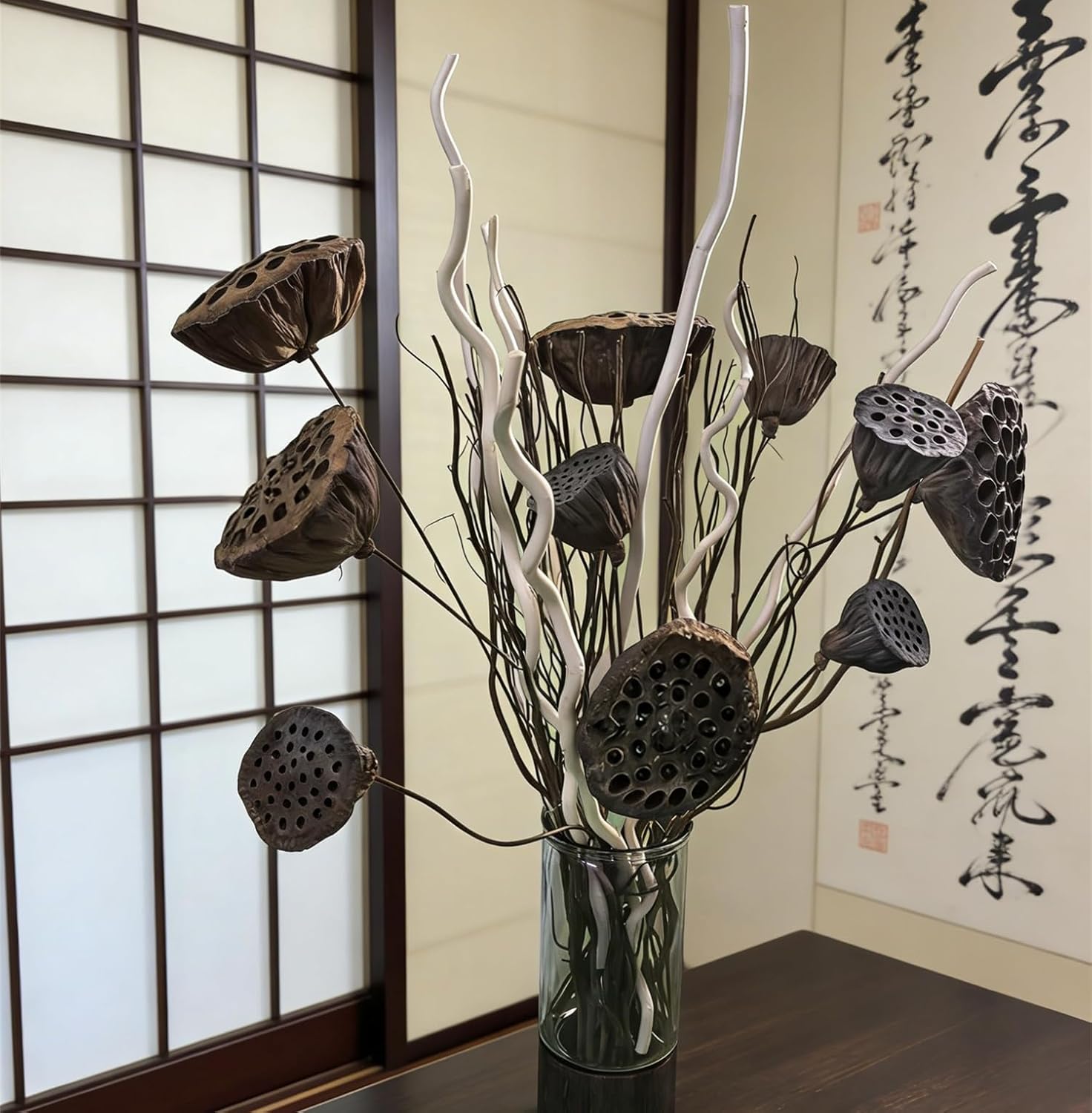 15Pcs Curly Willow Branches&11 Pcs Mix Lotus Flower and Brown Dried Willow Branches, DIY, Floral Arrangement, Twig Wreath, Rustic Home Decor