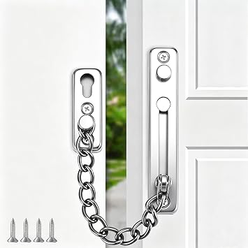 Front Door Chain, Heavy Duty Door Security Chains with 4 Screws, Sliding Bolt Safety Guard Lock for Windows/Doors Stay Open for Home HotelSilver, 7.28in