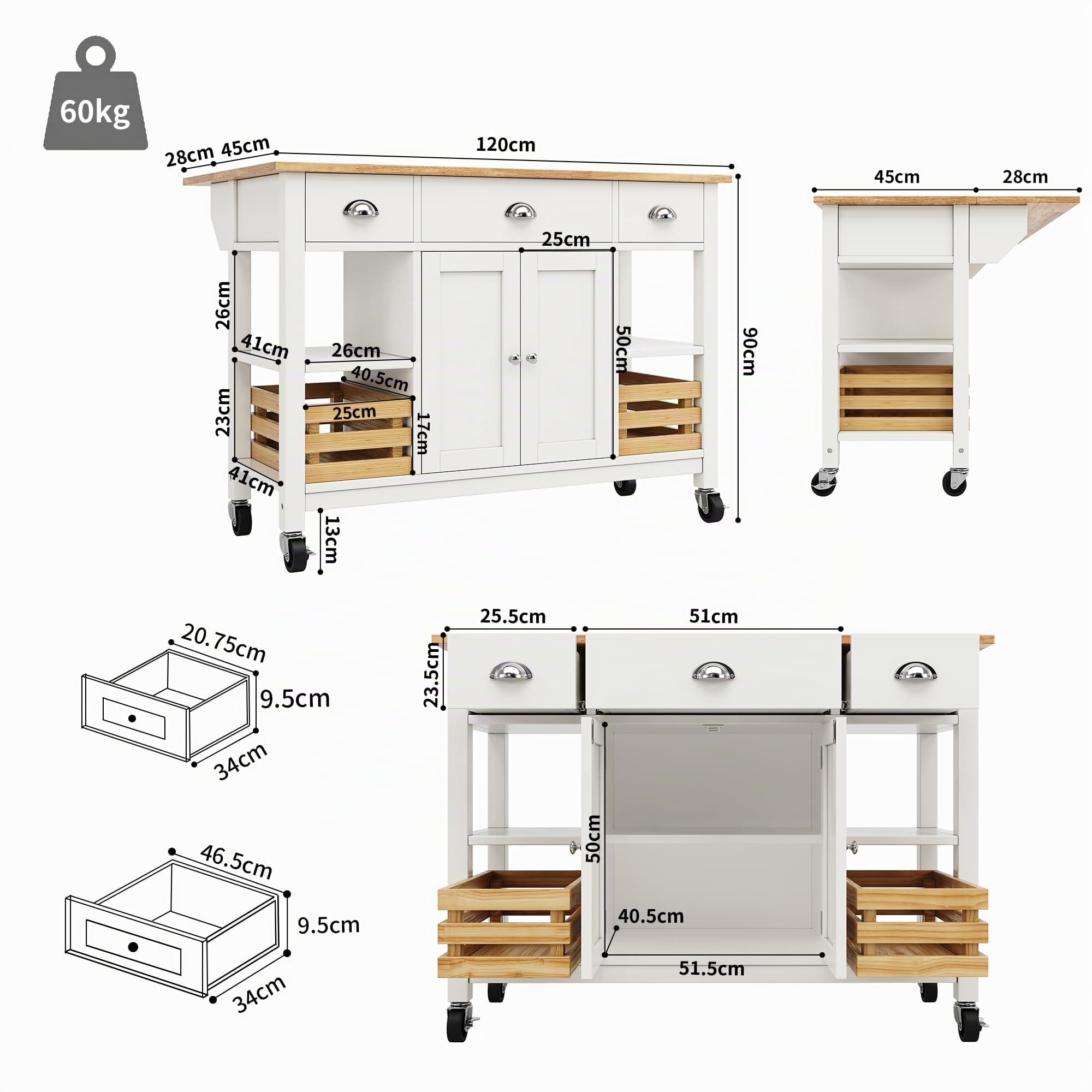 Isola da cucina moderna,120x73x90 cm,tavolo da pranzo multifunzionale con cestino in legno di pino,armadio,carrello per sala da pranzo,madia,credenza cucina,Bianco