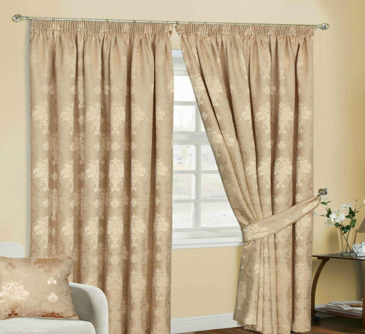 Householdfurnishing Redy Made Luxury Jacquard Fully Lined Curtain Pair Pencil Pleat With Free Tie Backs (Gold Curtain, 90" x L 90")