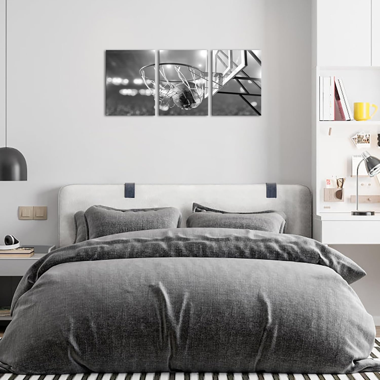 Apicoture Black and White Basketball Canvas Print Wall Art Basketball Poster Framed for Sport Room Wall Decor Ready to Hang 12''x 16''x 3 Panels - Image 2