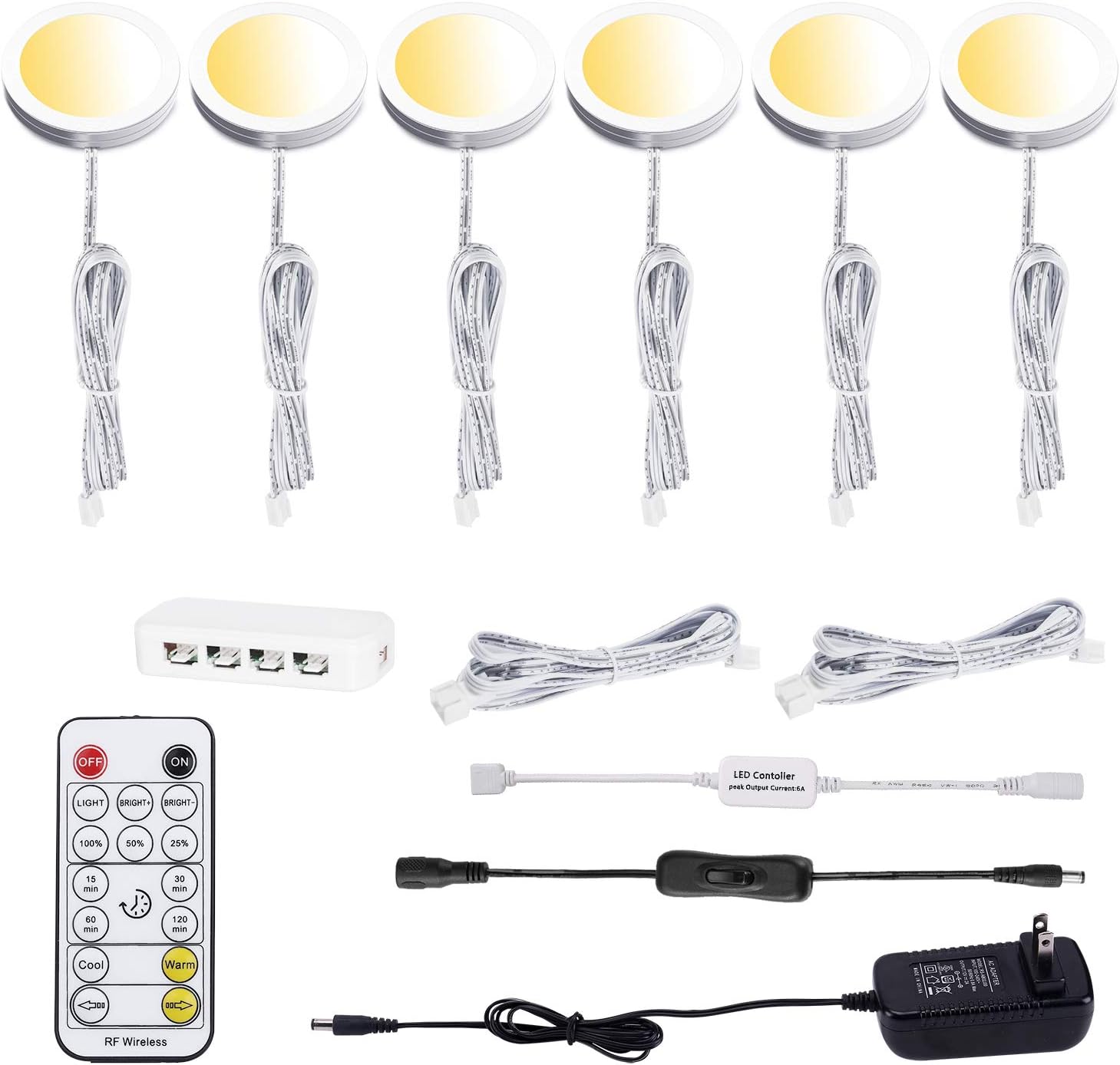 AIBOO Under Cabinet LED Puck Lights CCT Light Color Temperature Adjustable Warm+White Double Color with Dimmable RF Remote Controller for Kitchen Closet Ambiance Holiday Lighting (6 Lights, 18W)