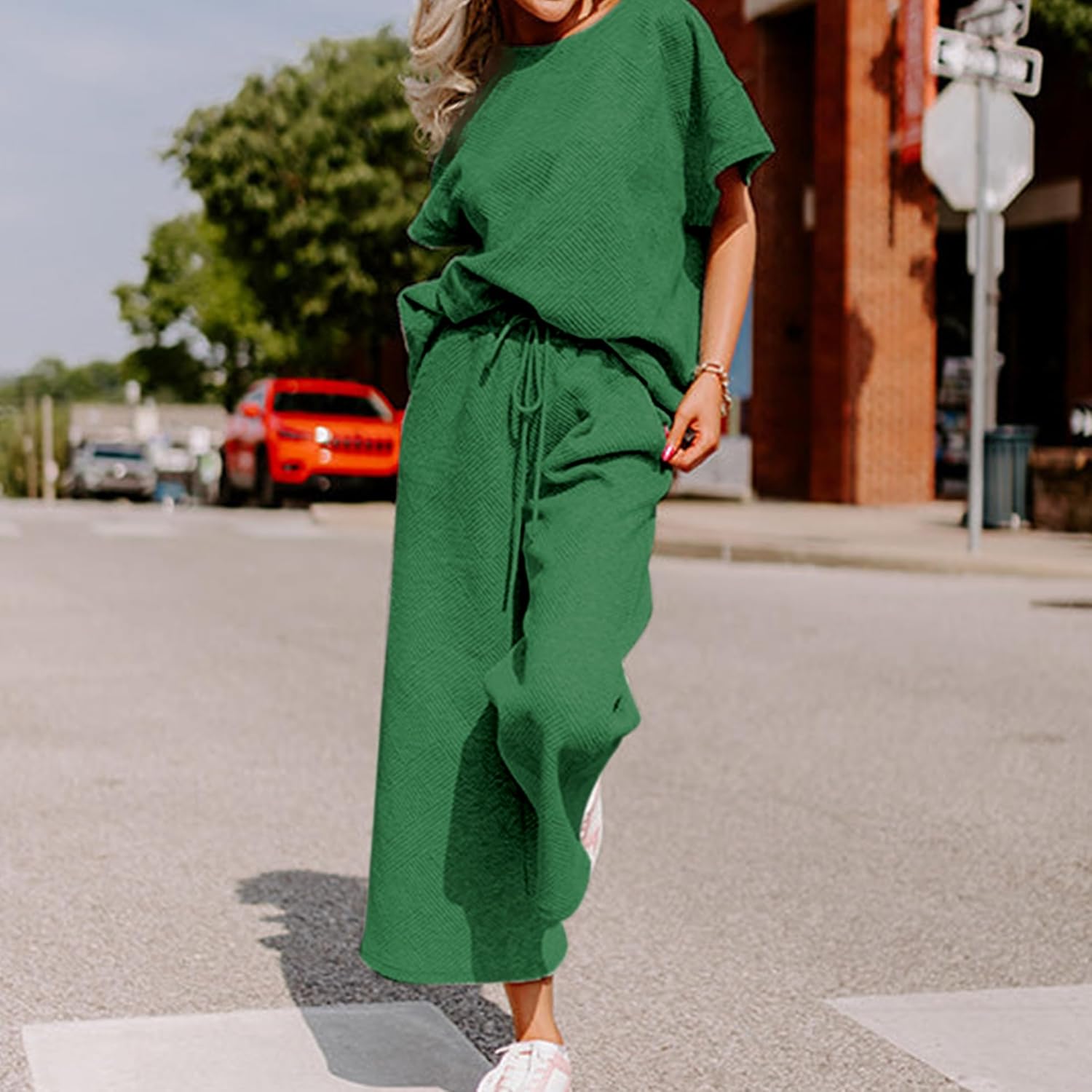 Women's 2 Piece Outfits Textured Sweatsuit 3/4 Batwing Sleeve Crew Neck Pullover Top Wide Leg Pant Tracksuit Set - Image 6