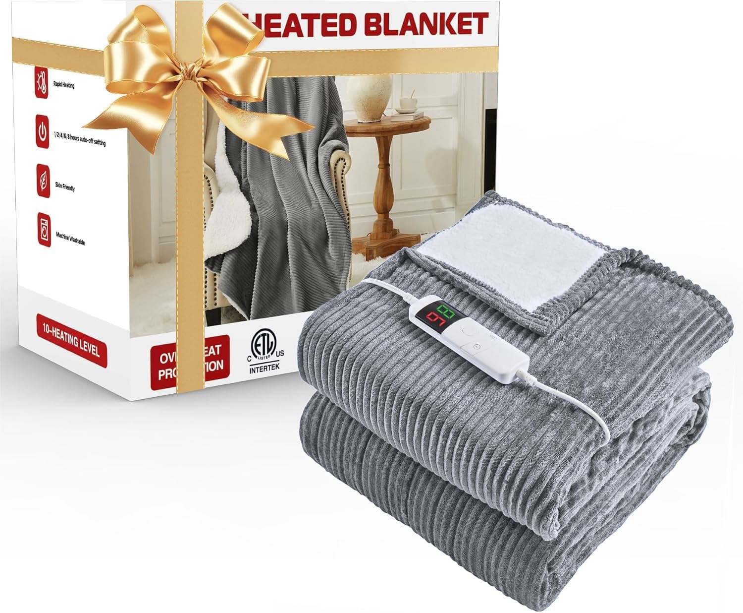 Heated Electric Blanket Throw Size 50"x 60" Heating Thow Blanket Soft Warm Thick Bed Blanket for Cold Winter 5-Position Timer &10 Heating Setting Home