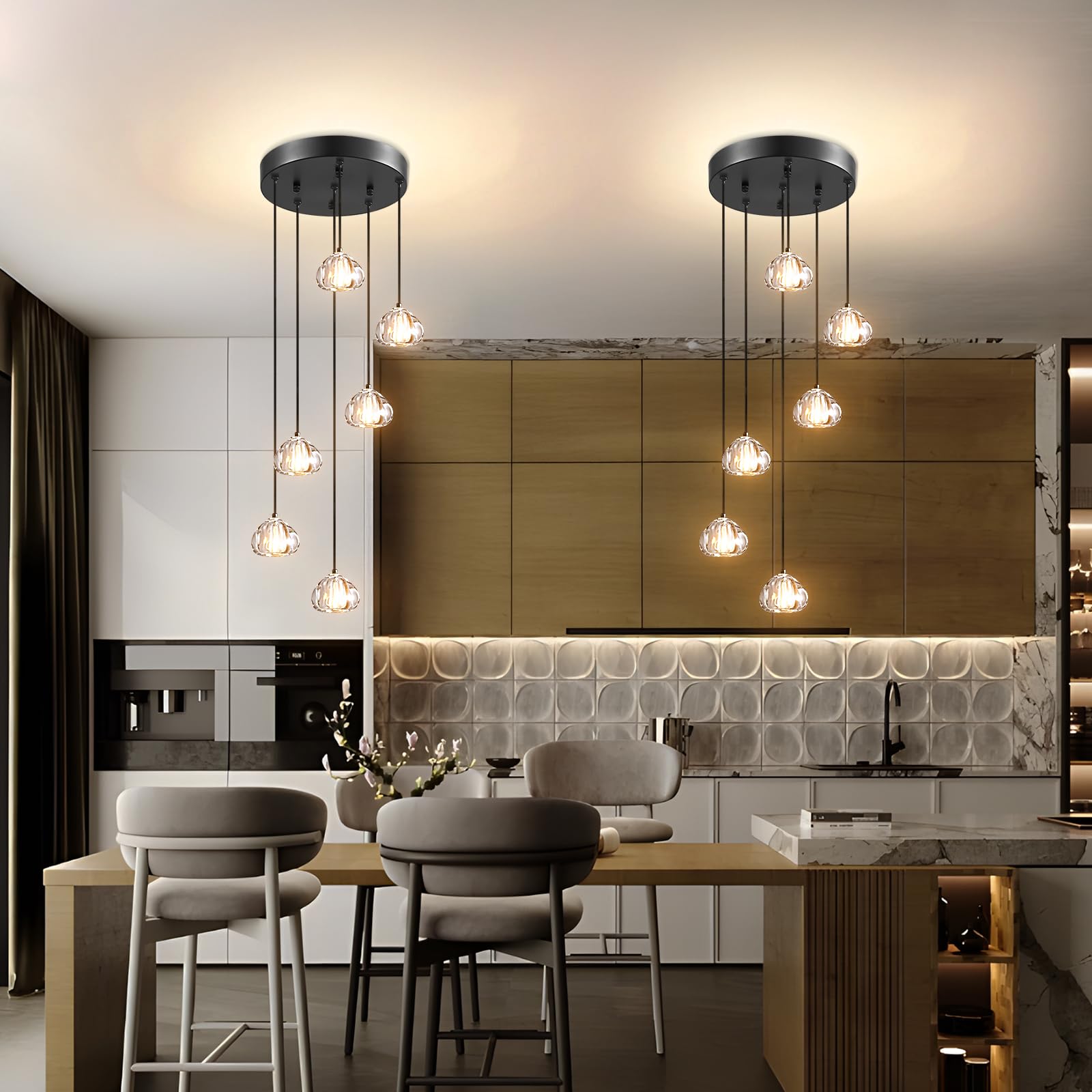 H.W.S Nowoczesna lampa wisząca LED, żyrandol Villa, regulowana wysokość, lampa wisząca szkło, do salonu, jadalni, przedpokoju, schodów, hotelu (6-punktowa, Okrągła, Czarna)