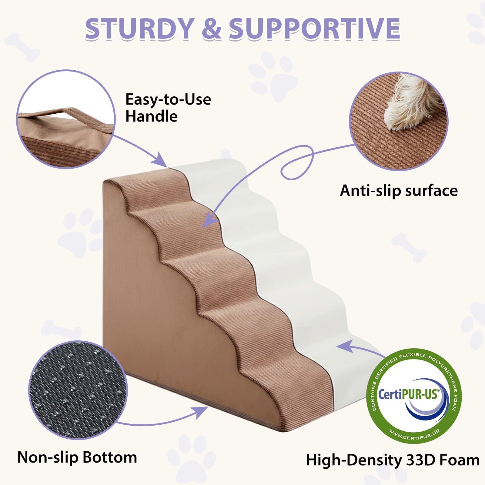 LEXTRO Dog Stairs for High Beds, 5-Steps Dog Steps for High Bed, Pet Stairs with Highly Supportive Foam and Non-Slip Bottom, Dog Stairs for Large Dogs and Medium Dogs (High 22.6 Inch)