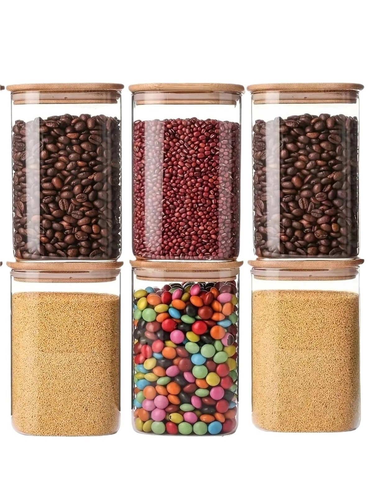 Vorratsdosen Mit Deckel FüR Spaghetti 550 ml, quadratische Vorratsgläser aus Glas mit Holzdeckel, luftdichte Glaskanister for Kaffeebohnen, Süßigkeiten, Haferflocken, Overnight Oats, Salz(550Ml-6Pcs)