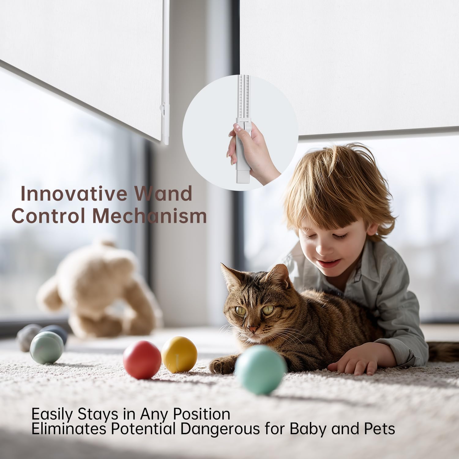 Allbright Linen Roller Shades with Wand Rod, Cordless Fabric Roller Blinds with Thermal Insulated, 100% Blackout Window Shades for Home, Office, Bedroom, White, 34" W x 72" H