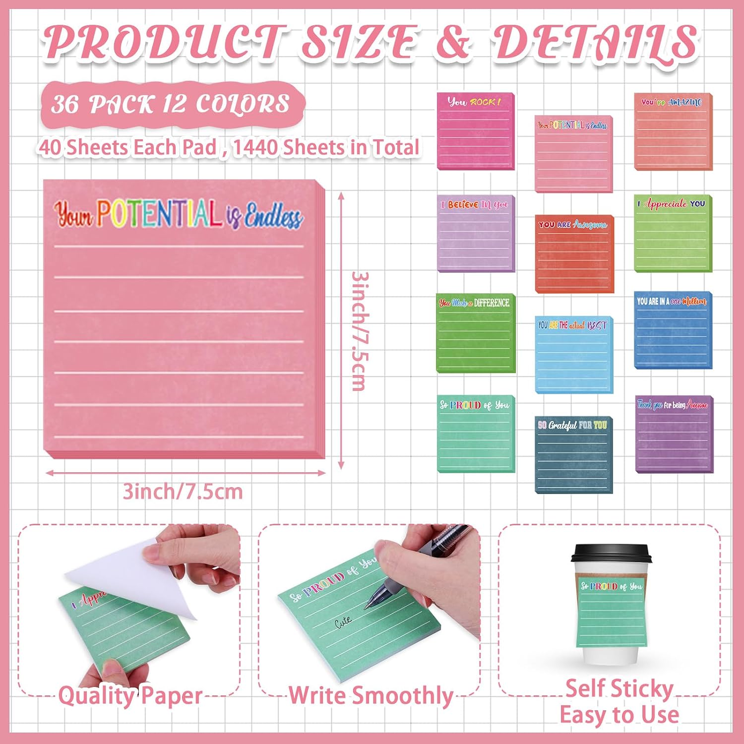 36 Pcs Inspirational Sticky Notes with Line, 3 x 3 Inch, Multicolor image 2