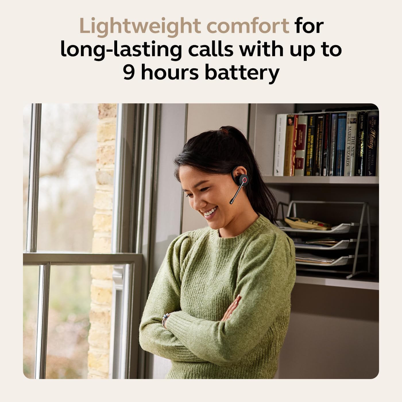 Woman using Jabra Engage 45 SE headset for extended calls, highlighting battery life