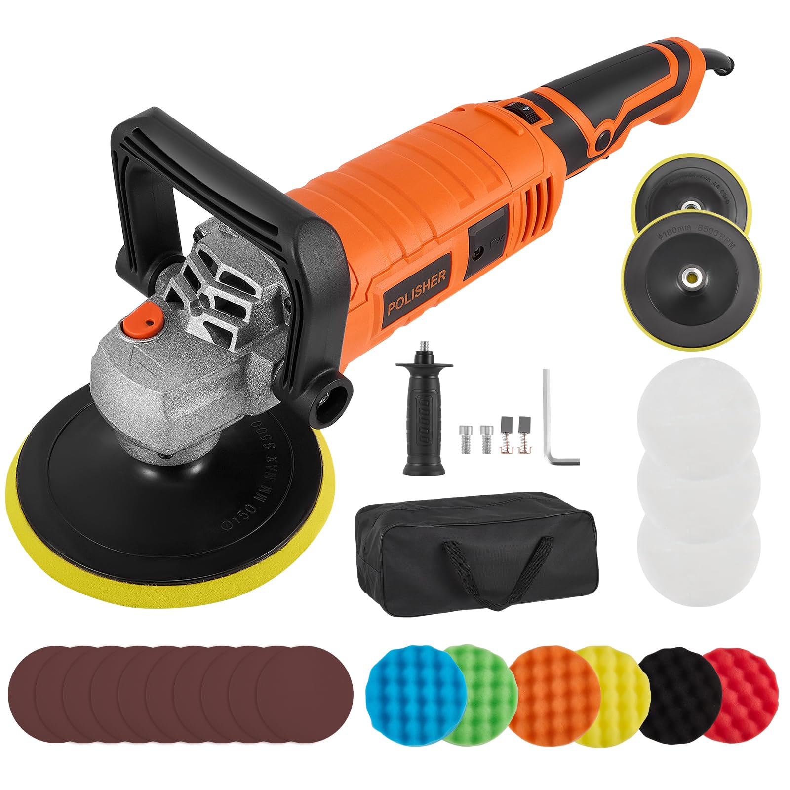 Pulidora Coche 1580W, 7 Velocidades Variables, 500-3300 RPM, D-Mango Desmontable/Mango Lateral, Pulidora Coche para Pulir Coche y Encerar