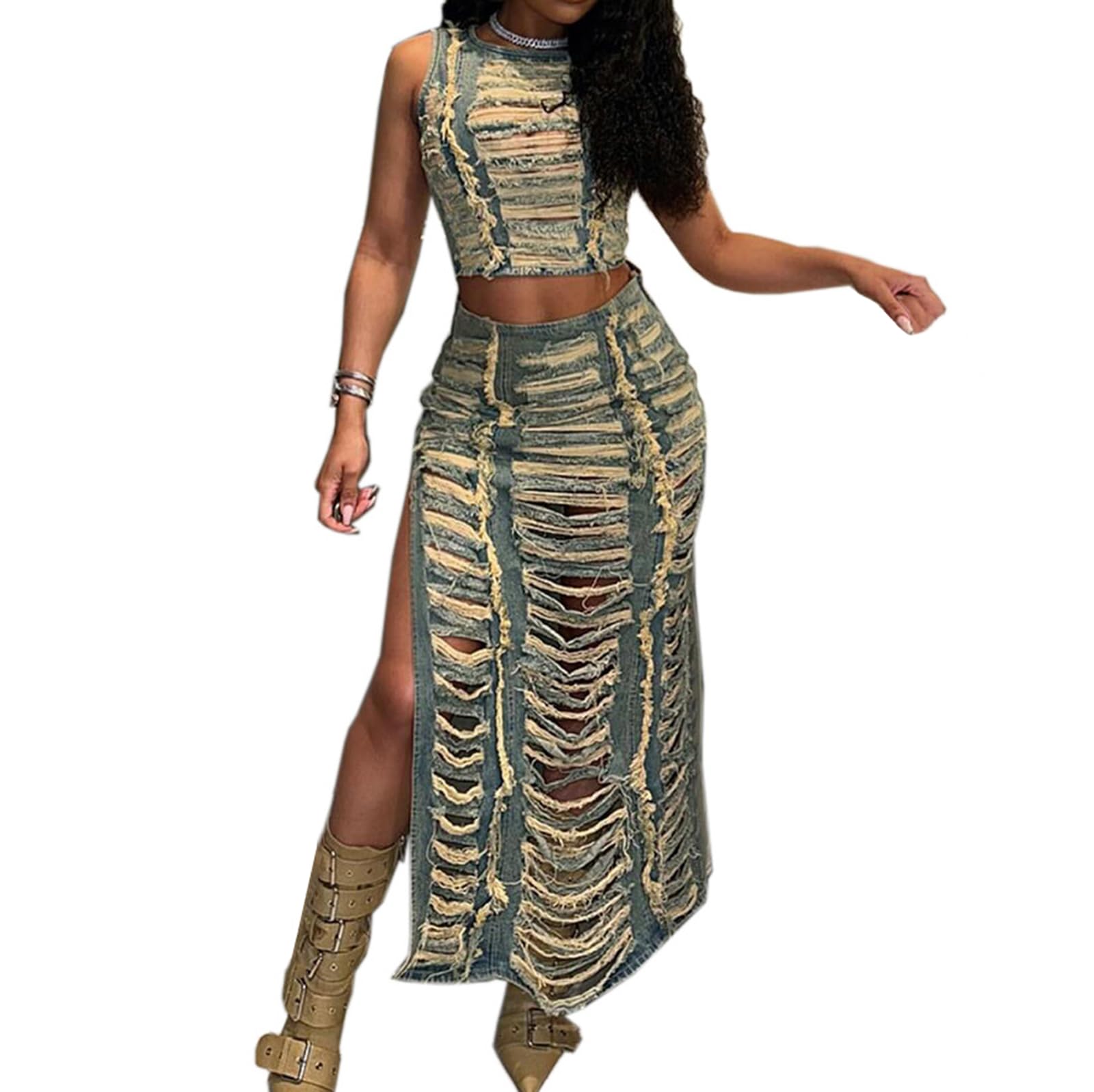 cffvdiz Sexy 2 Pezzi Denim Outfits per Le Donne Vintage Distressed Strappato Foro Canotte E Slit Denim Gonna Lunga
