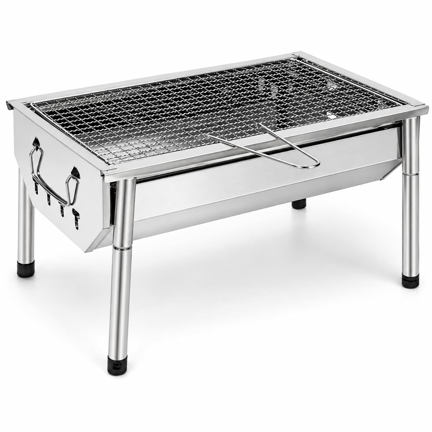 Barbecue A Carbone Portatile In Acciaio Inox Con Griglia Smontabile Gambe Regolabili Design Salvaspazio Per Campeggio Picnic Giardino Outdoor 40 X 28 X 21.5 Cm Acciaio