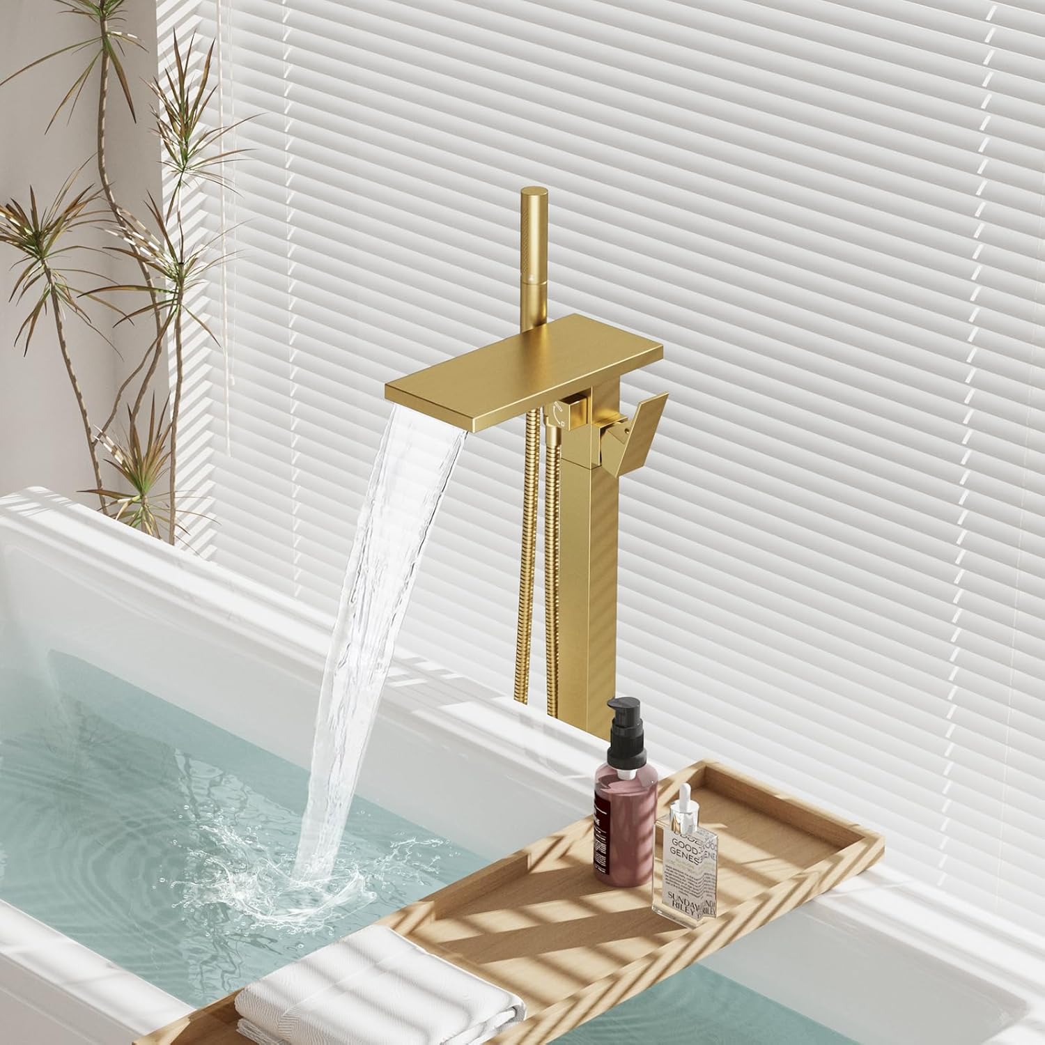 Hoimpro Tub Filler Freestanding Bathtub Faucet Brushed Gold Floor Mount Tub Faucet Waterfall Bathtub Filler with CUPC Certified High Flow Brass Bath Shower Faucets with Handheld Sprayer