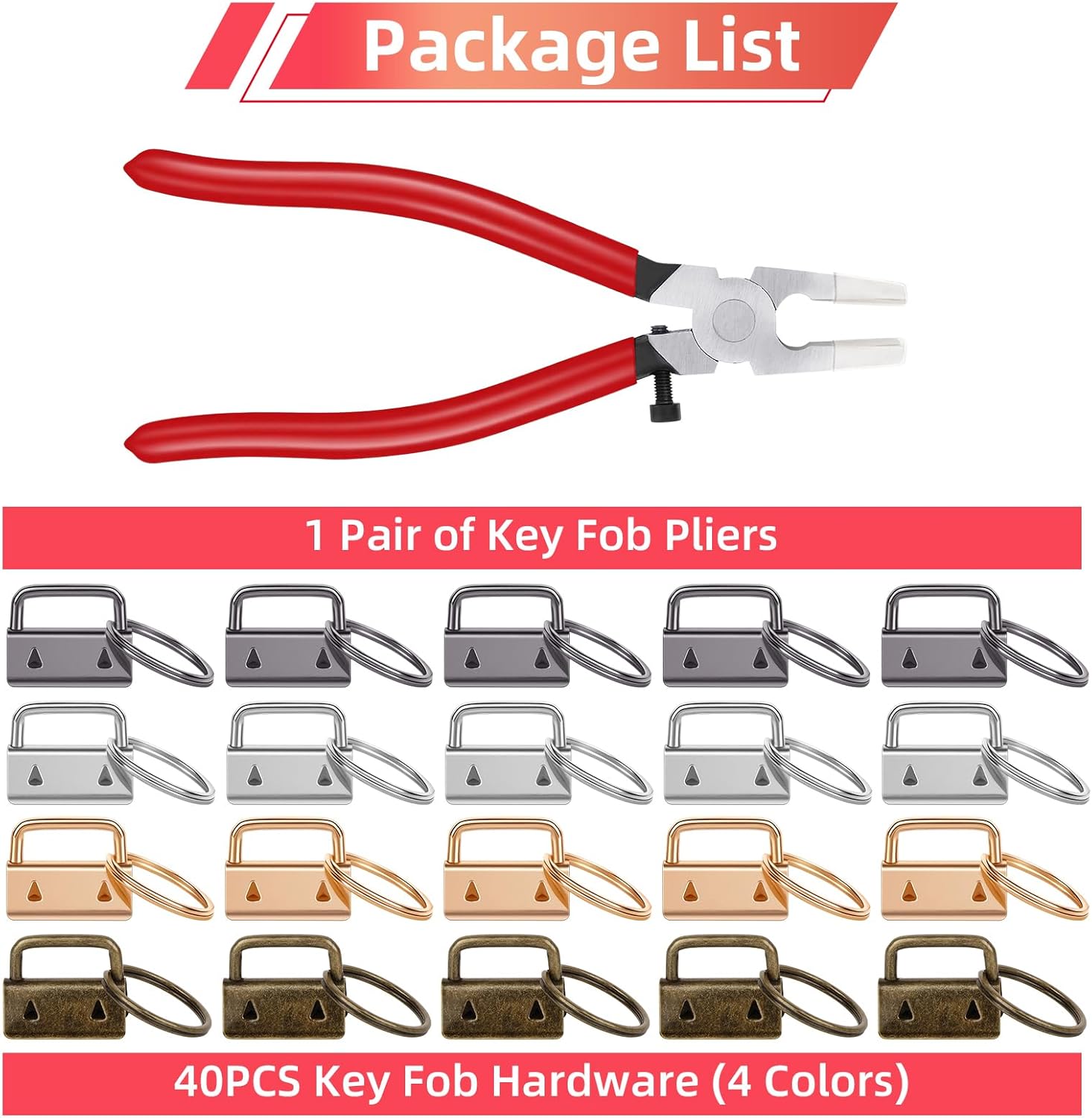 40 Sets Key Fob Hardware, 1 Inch Keychain Hardware with Glass Running Pliers for Key Chain, Lanyard & Wristlet Making Supplies (4 Colors)