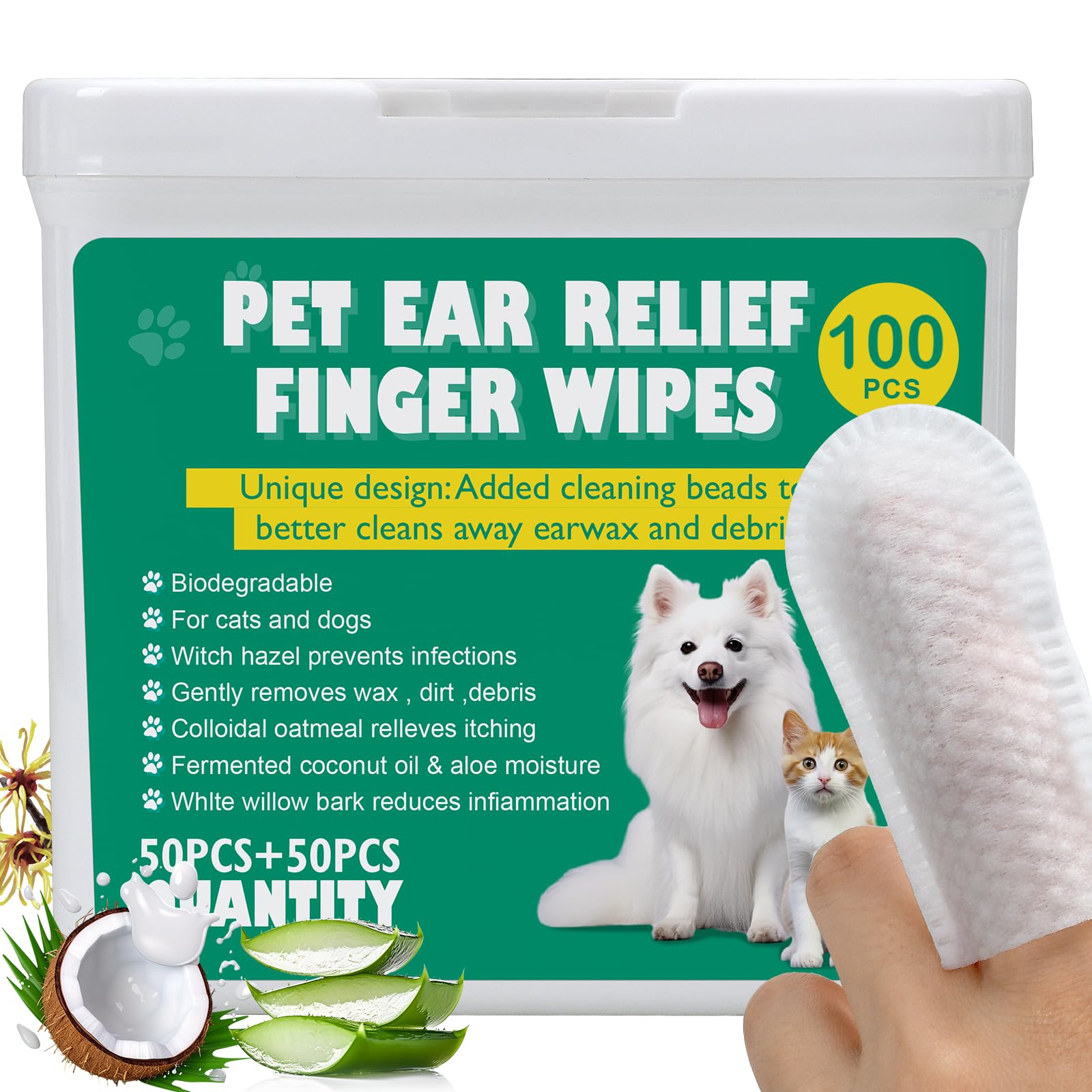 100 XL Dog Ear Cleaning Finger Wipes - Larger & thicker 1.77" Natural Coconut Oil & Aloe Dog Ear Wipes, 100 Count