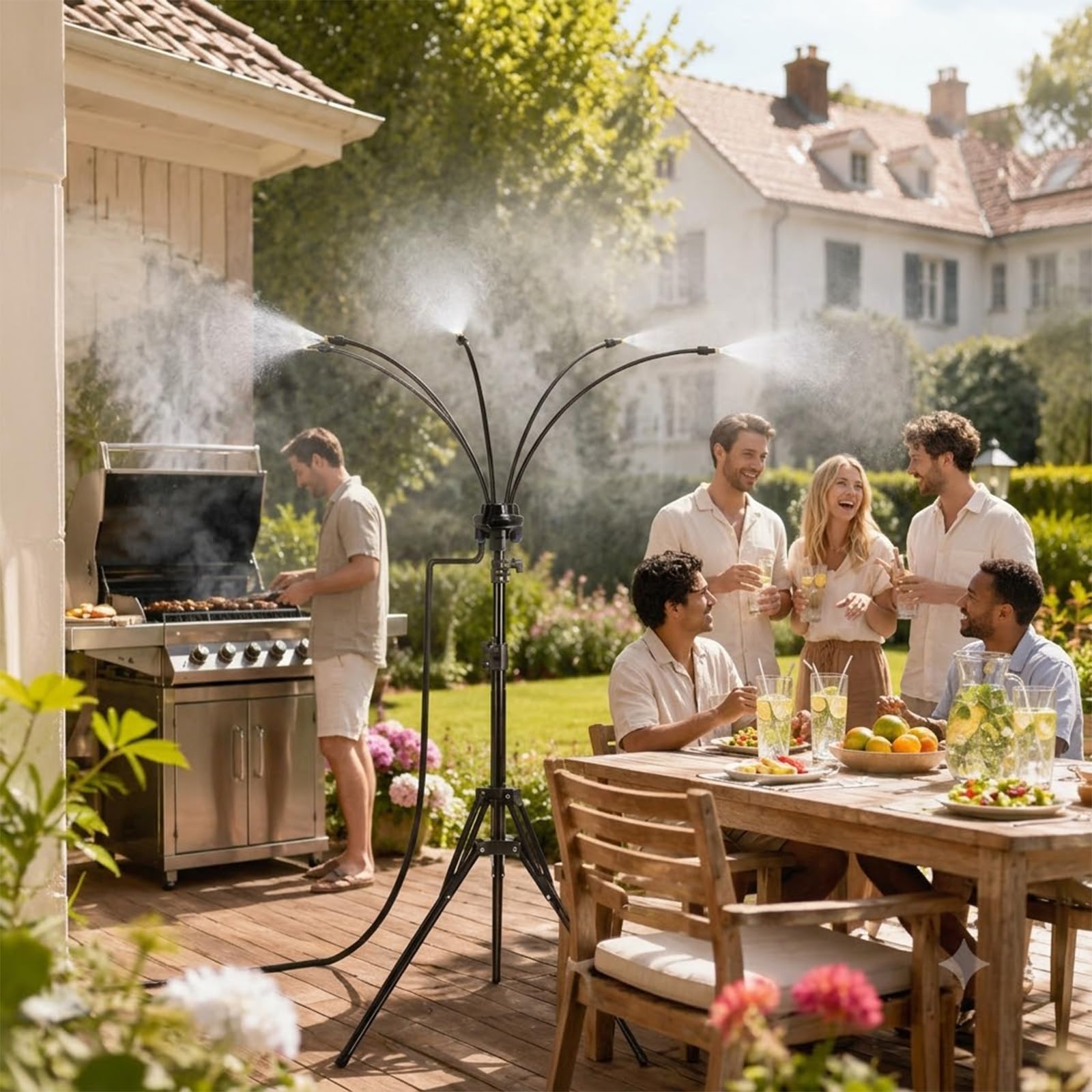 Brumisateur sur Pied - Système de Brumisateurs Debout pour Terrasse Extérieure Réglable, Brumisateur Portable avec Tuyau de 8 m et 4 Buses de Brumisation pour Jouer à la Brume, Jardin (1 Kit)